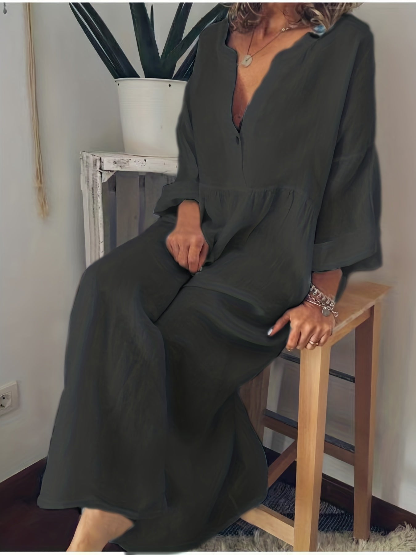 gbolsos Plus Size Casual Dress, Women's Plus Solid Long Sleeve V Neck Button Up Loose Maxi Dress
