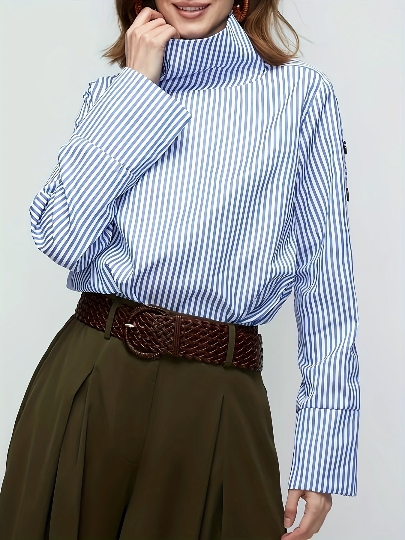 gbolsos Stripe Print Button Decor Blouse, Casual Long Sleeve Blouse For Spring & Fall, Women's Clothing