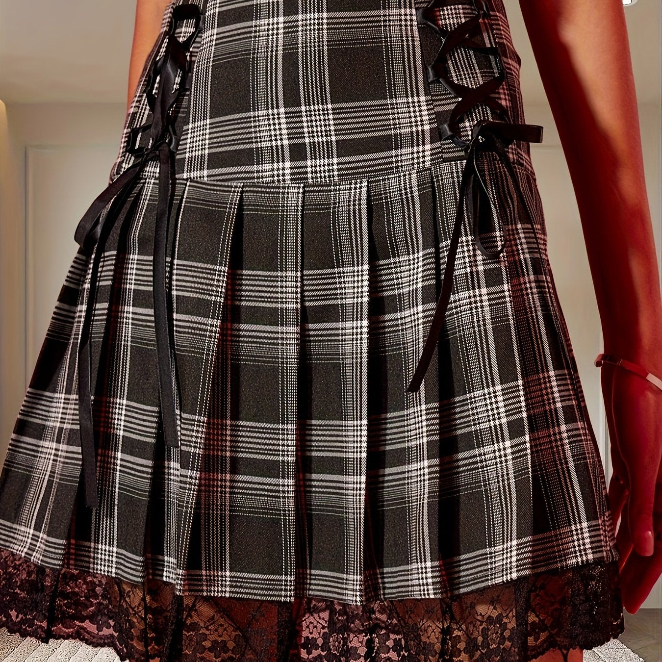 gbolsos Contrast Lace High Waist Skirt, Casual Pleated Lace Up Skirt, Women's Clothing