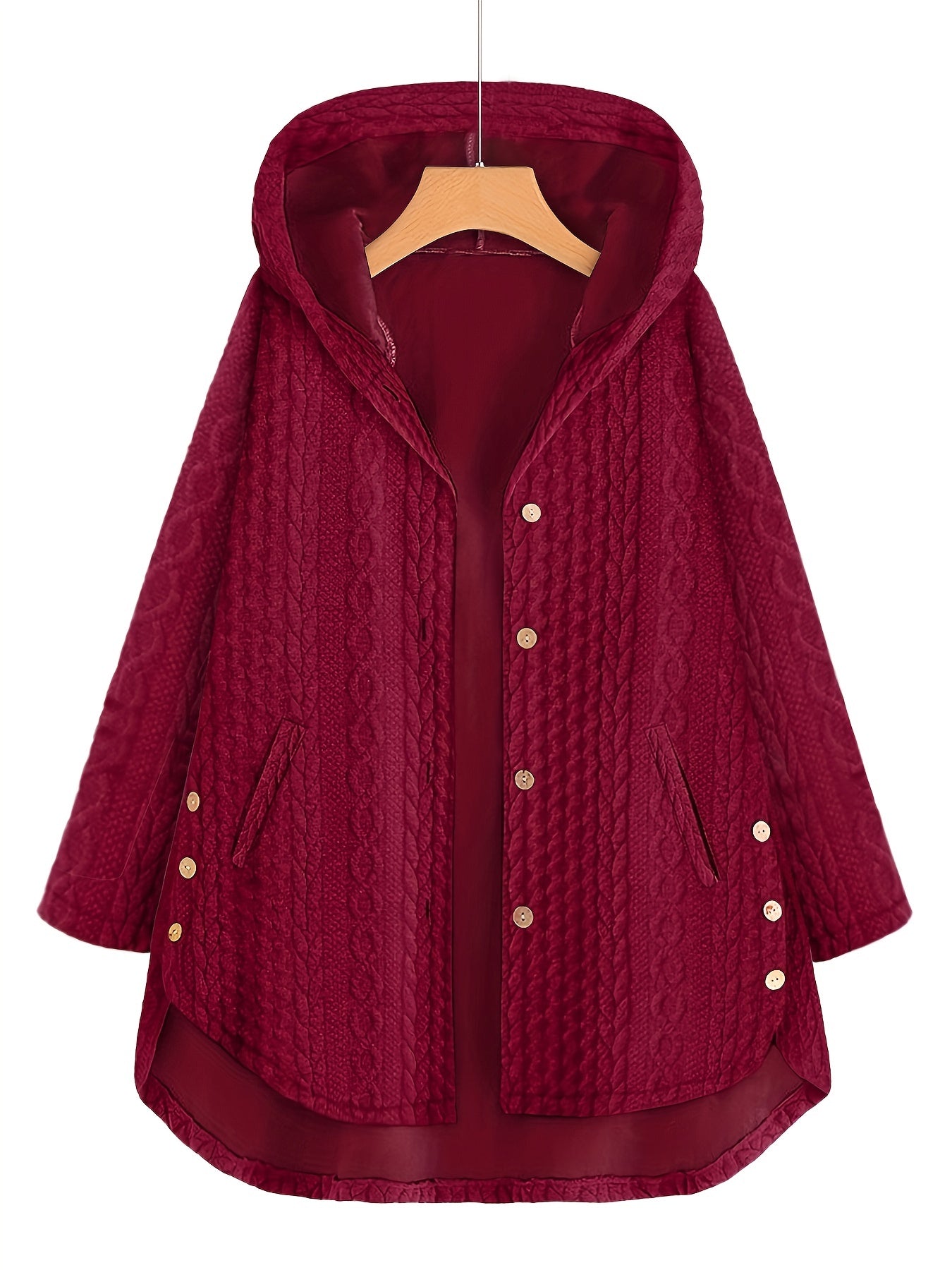 gbolsos Slant Pocket Hooded Coat, Casual Long Sleeve Button Thermal Coat, Women's Clothing