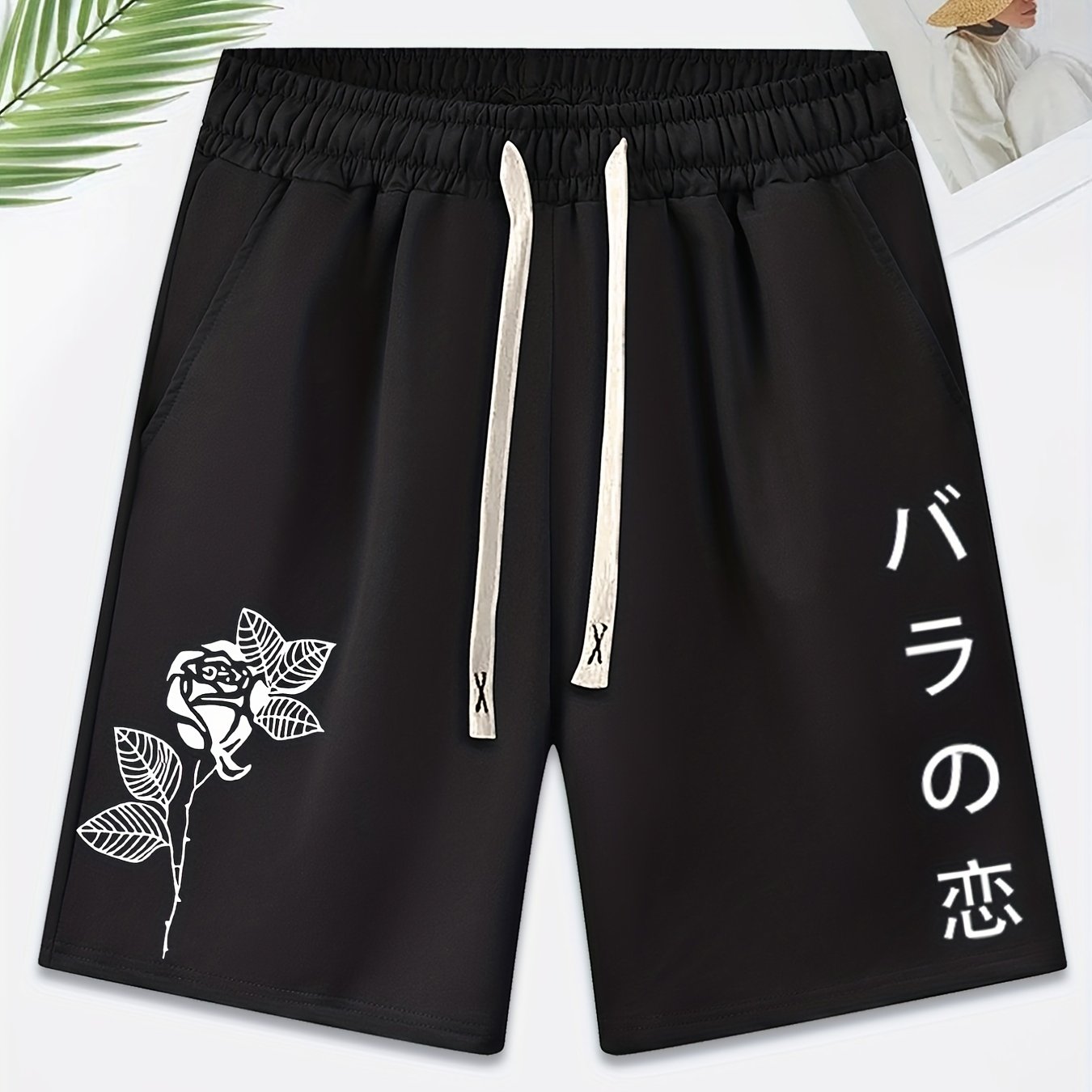 gbolsos Men's Trendy Purple Rose Graphic Drawstring Waist Shorts Athletic Gym Workout Shorts With Pocket