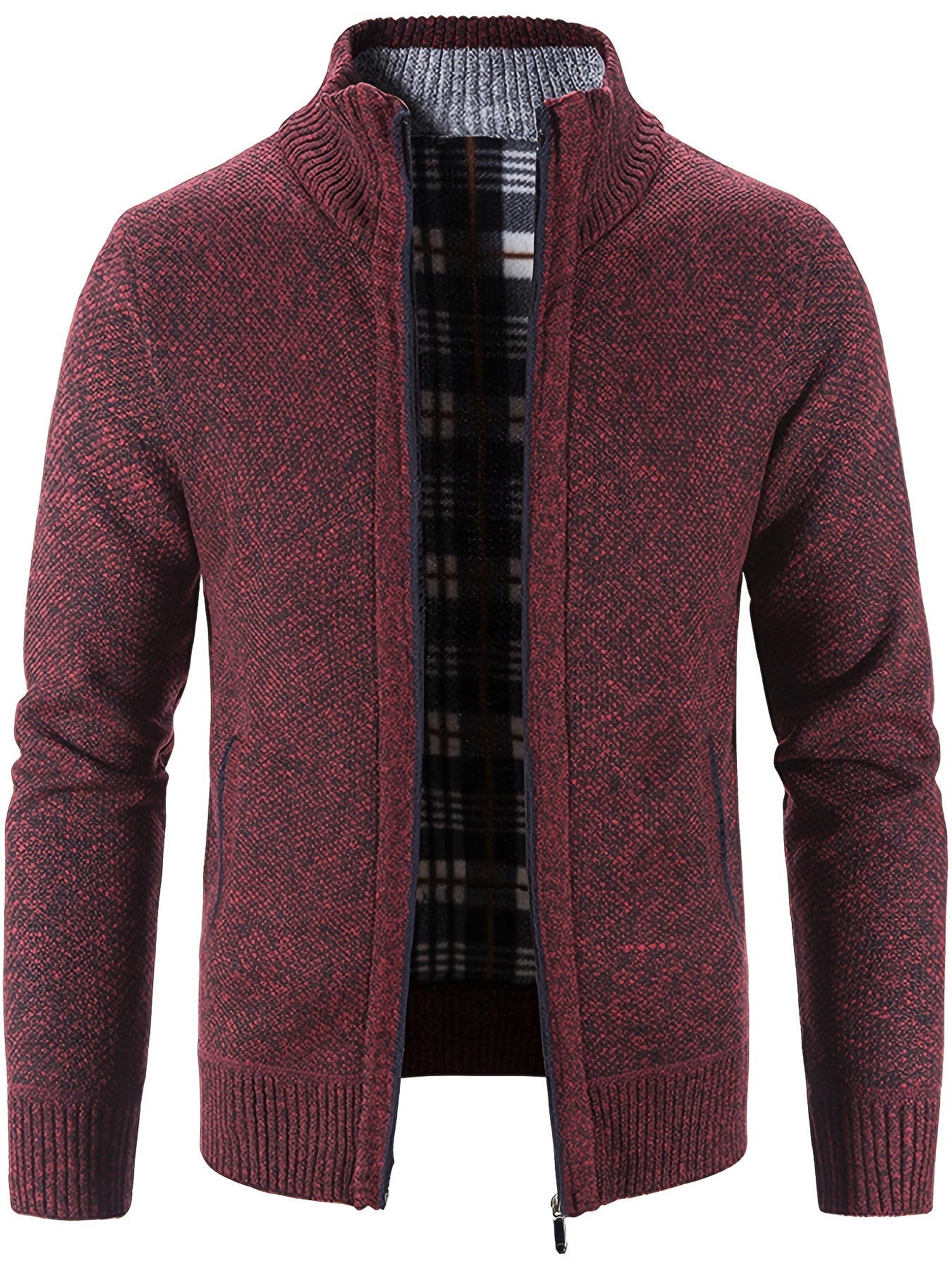 gbolsos Warm Stand Collar Fleece Jacket, Men's Semi-formal Comfortable Solid Color Zip Up Knitted Cardigan For Spring Fall