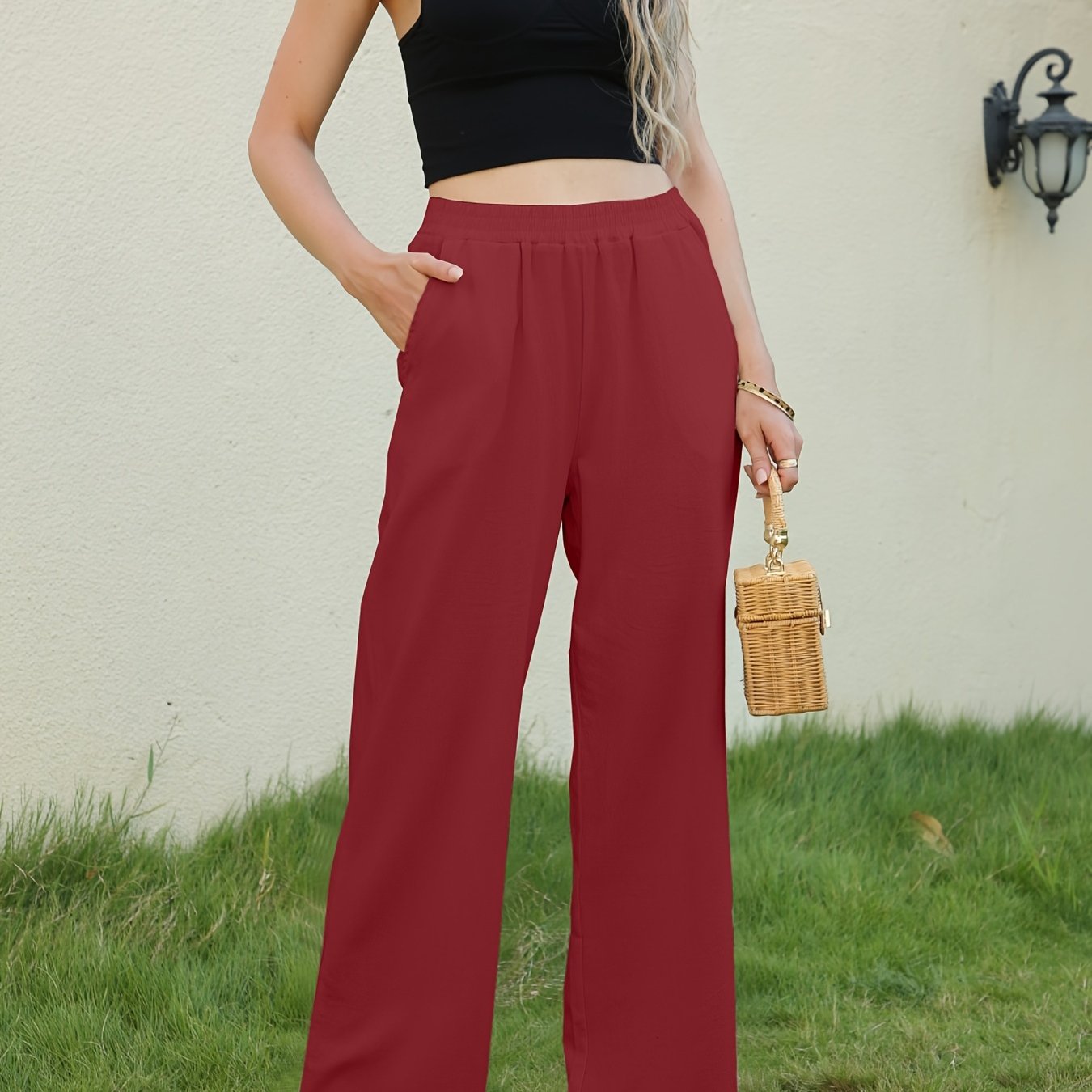 gbolsos Solid Wide Leg Elastic Waist Pants, Casual Dual Pockets Loose Pants, Women's Clothing