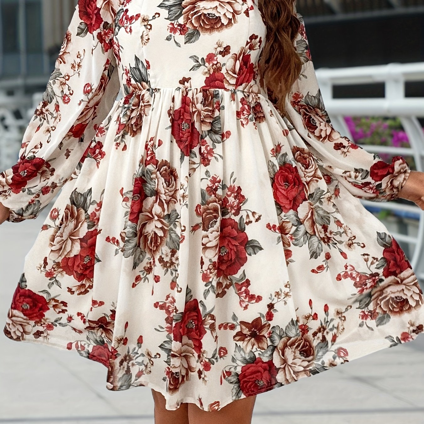 gbolsos Plus Size Elegant Dress, Women's Plus Shirred Ditsy Floral Print Lantern Sleeve Square Neck Nipped Waist Dress
