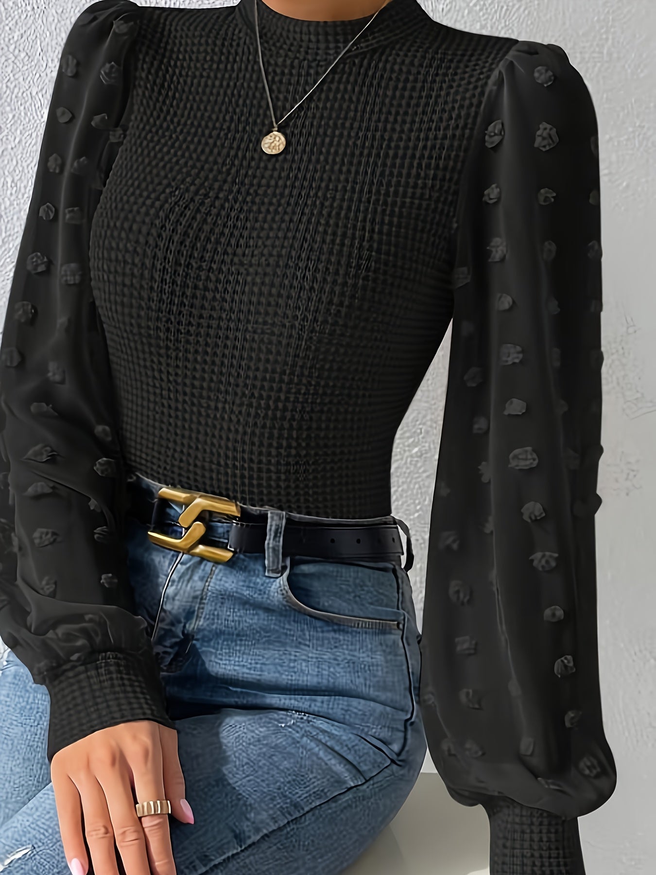 gbolsos Swiss Dot Mock Neck Blouse, Casual Long Lantern Sleeve Blouse For Spring & Fall, Women's Clothing