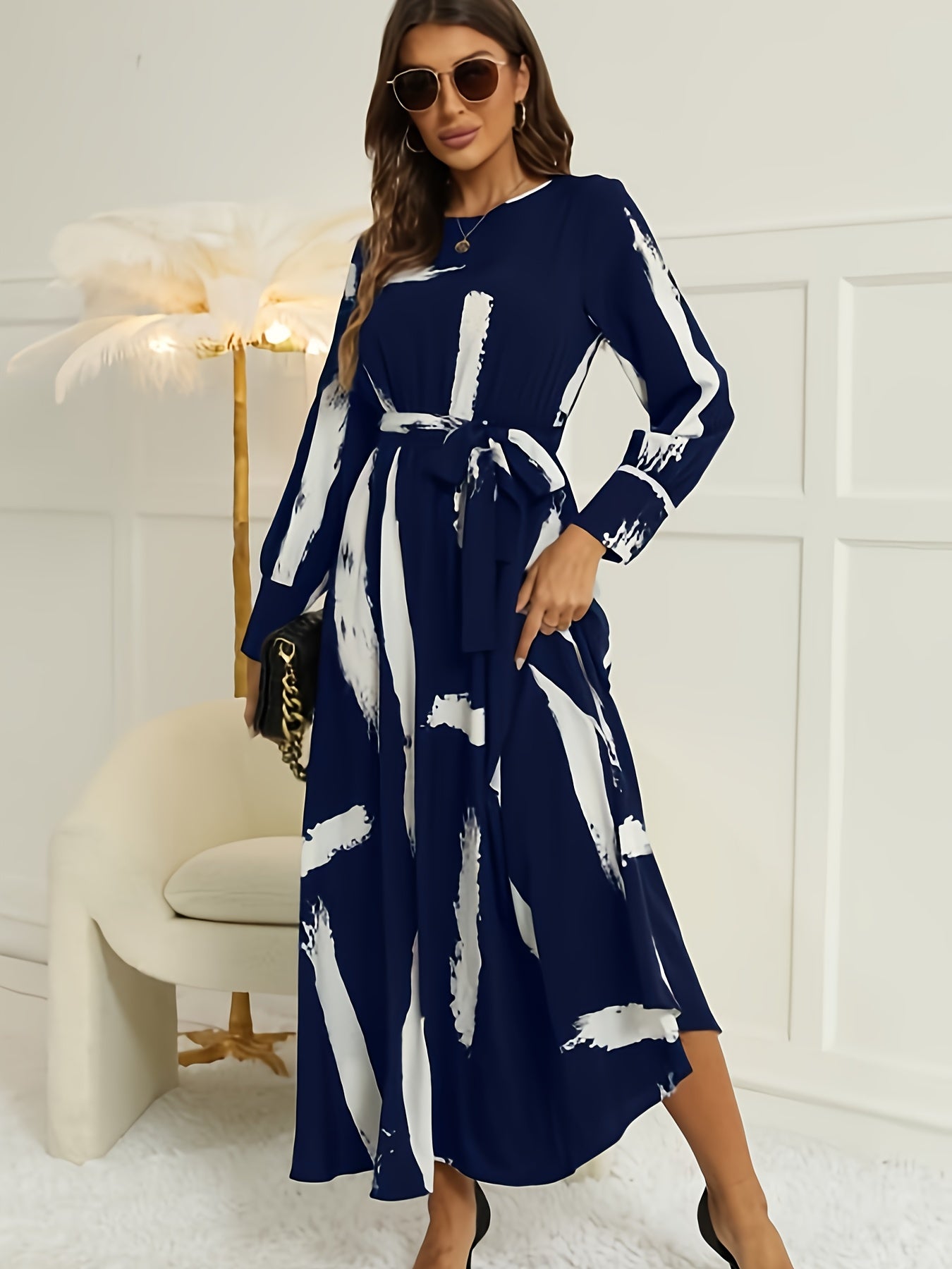 gbolsos Brush Print Keyhole Dress, Elegant Long Sleeve Maxi Dress, Women's Clothing