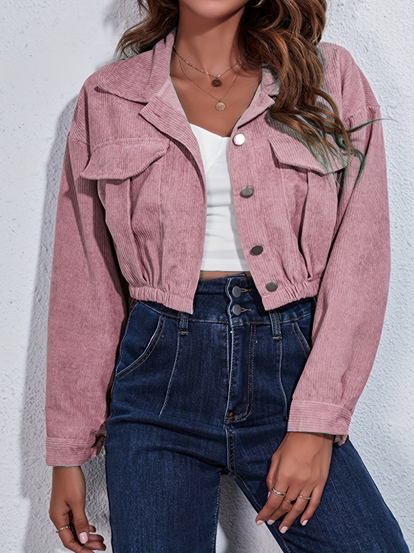 gbolsos Women's Stylish Crop Solid Jacket, Button Down Long Sleeve Jacket, Outerwear For Fall & Winter, Women's Clothing