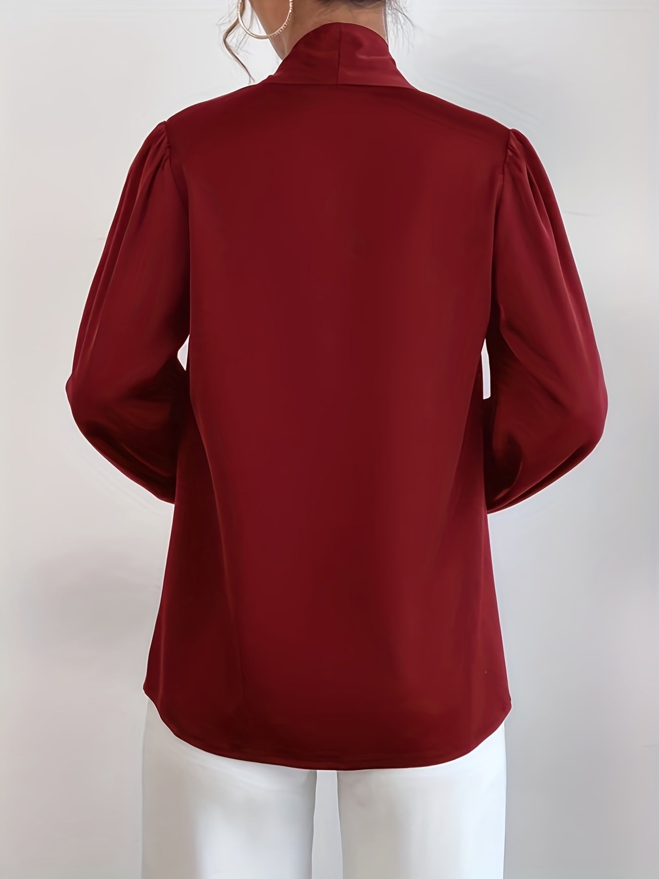 gbolsos Tie Neck Lantern Sleeve Blouse, Elegant Solid Blouse For Office & Work, Women's Clothing