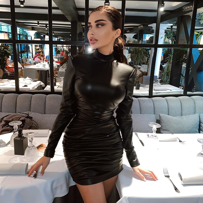 Long Sleeve Ruched Dress, Sexy Party Casual Dress For With Shoulder Pads, Women's Clothing