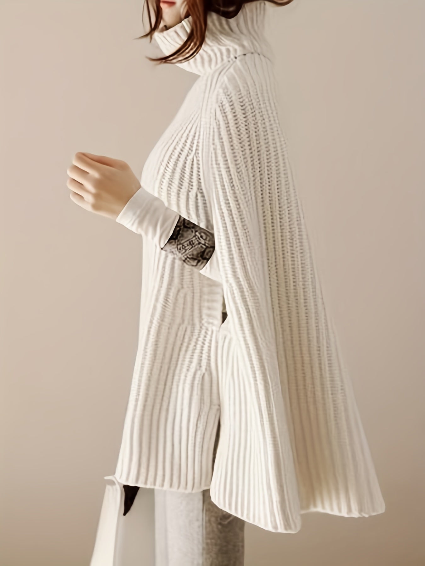 Cape Sleeve Turtle Neck Sweater, Elegant Ribbed Knit Sweater For Fall & Winter, Women's Clothing