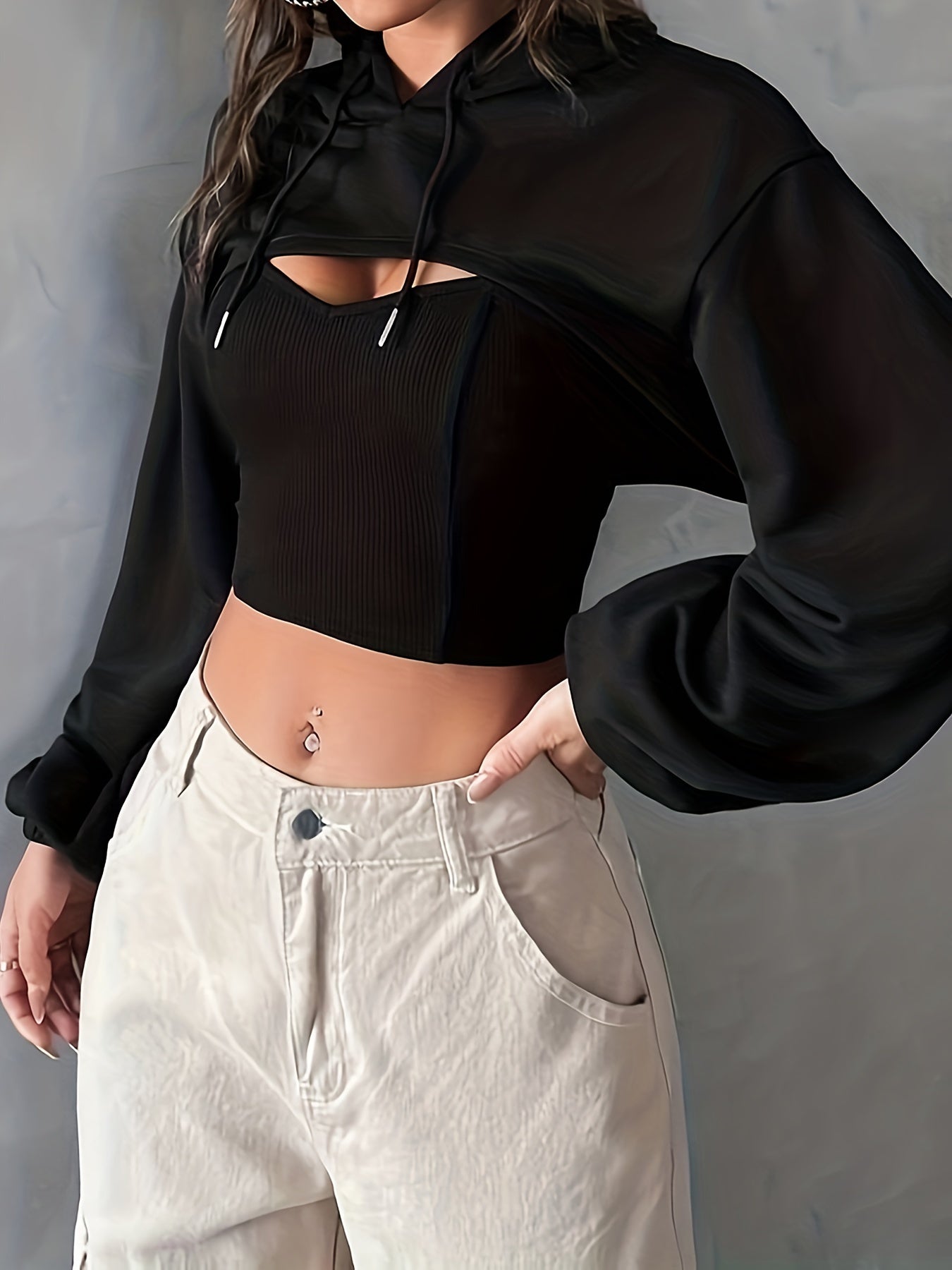 Solid Crop Drawstring Hoodie, Casual Dipped Hem Long Sleeve Fashion Sweatshirt, Women's Clothing