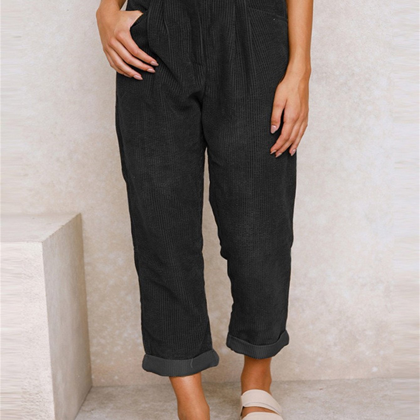 gbolsos Corduroy Straight Leg Pants, Solid High Waist Slant Pocket Pants, Casual Every Day Pants, Women's Clothing