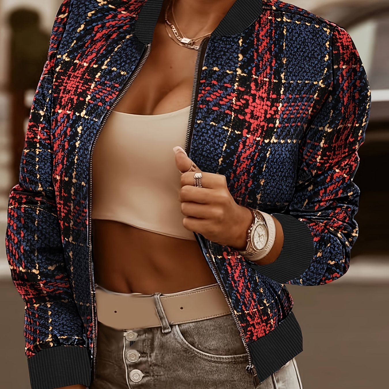 gbolsos Plaid Pattern Bomber Jacket, Casual Zip Up Long Sleeve Outerwear, Women's Clothing