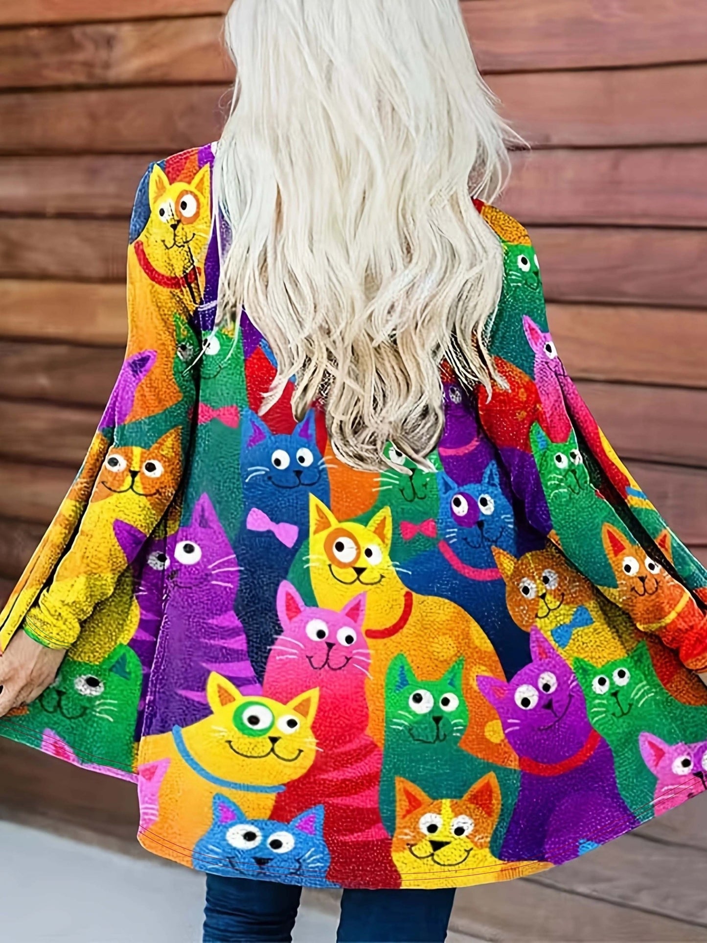 gbolsos Colorful Cat Print Open Front Cardigan, Casual Long Sleeve Cardigan For Spring & Fall, Women's Clothing