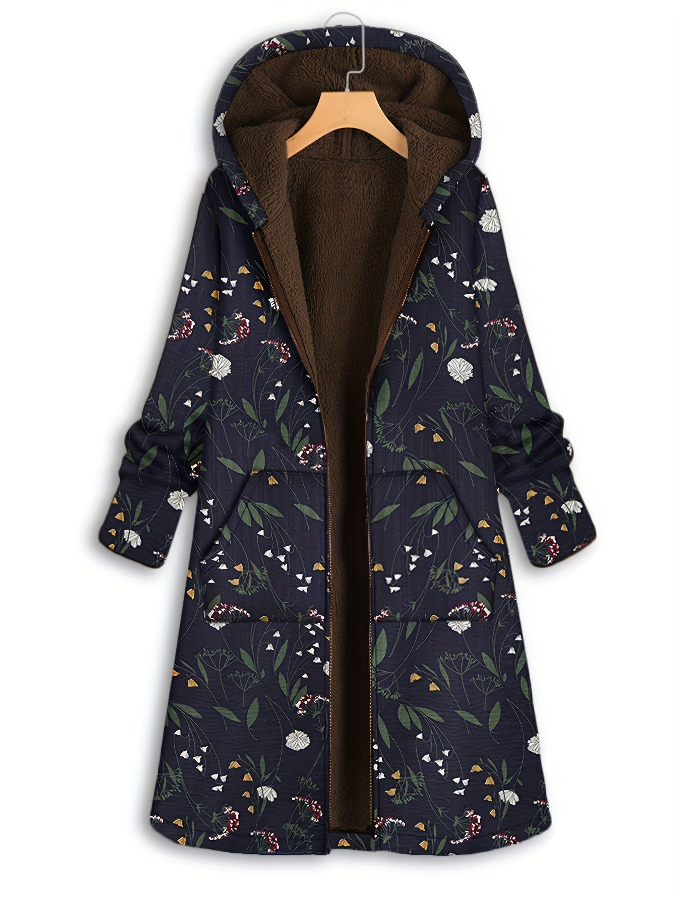 Plus Size Floral Print Fleece Liner Hoodie Oversized Coat, Women's Plus Casual Coat