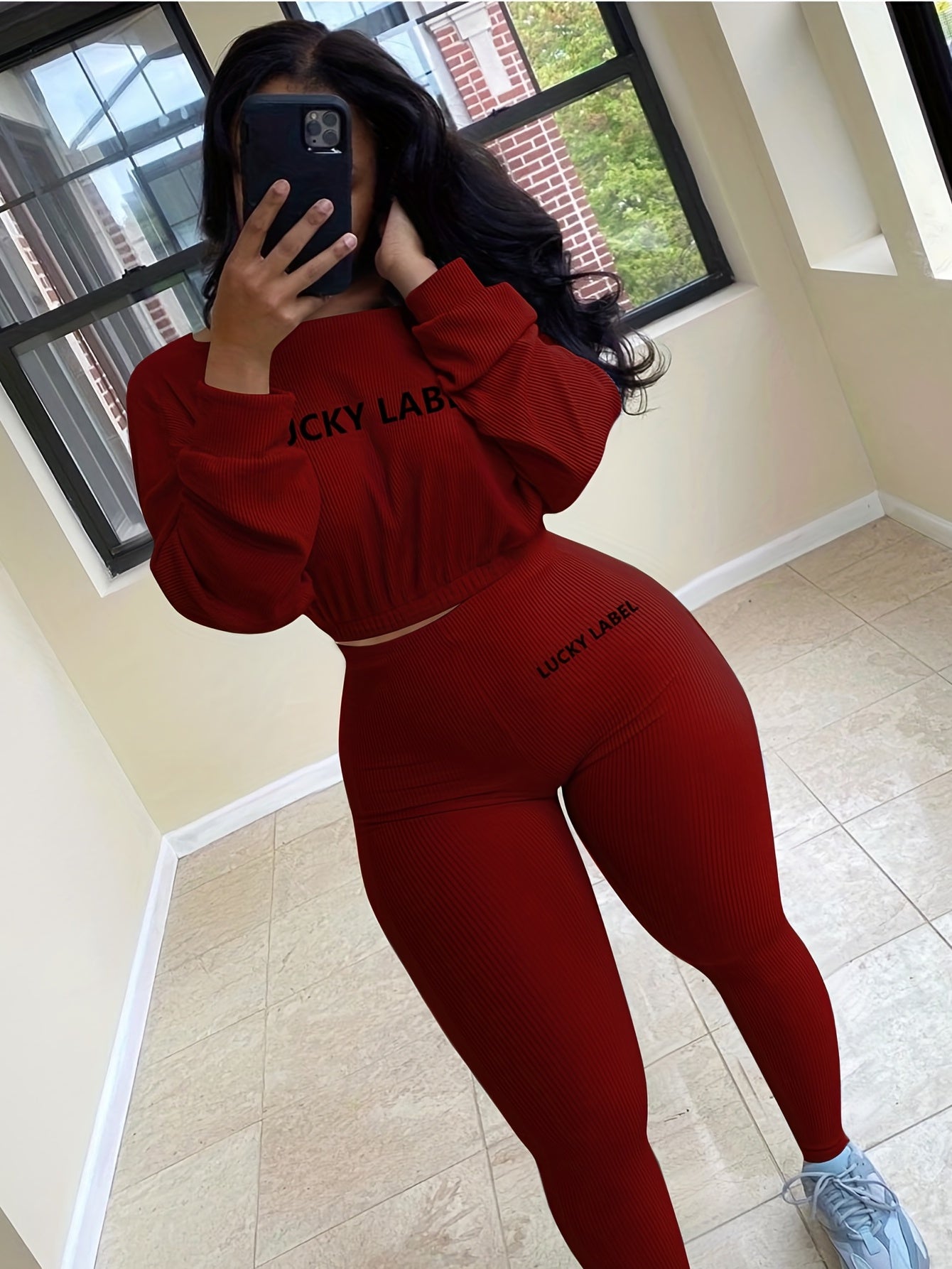 gbolsos Letter Print 2pc Set, Drop Shoulder Crew Neck Sweatshirt & Elastic Waist Jogging Pants Set, Women's Clothing