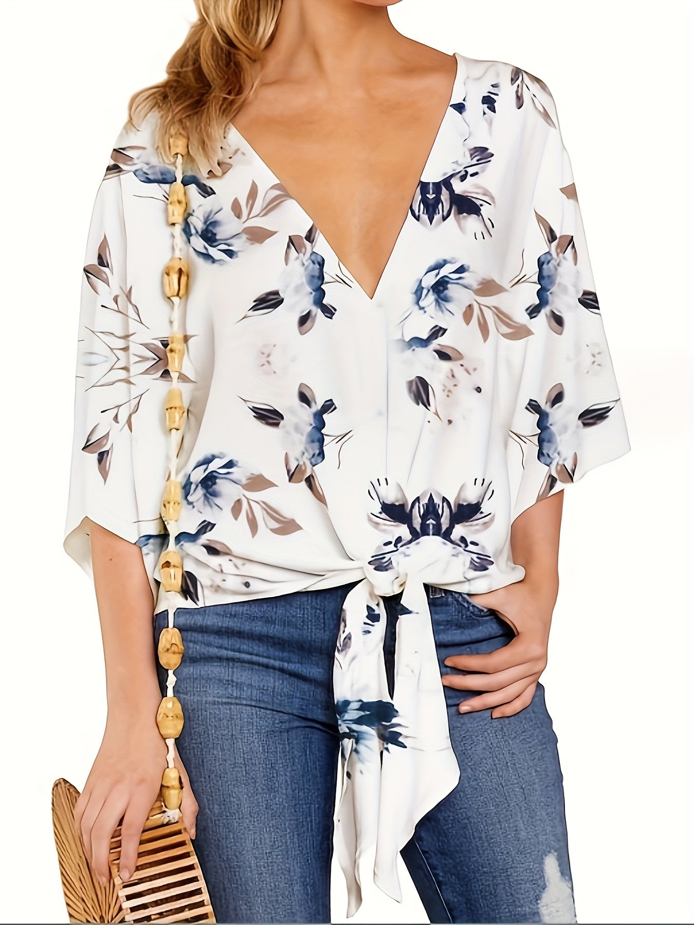 gbolsos Floral Print V-neck Blouse, Vacation Style Half Sleeve Blouse For Spring & Summer, Women's Clothing
