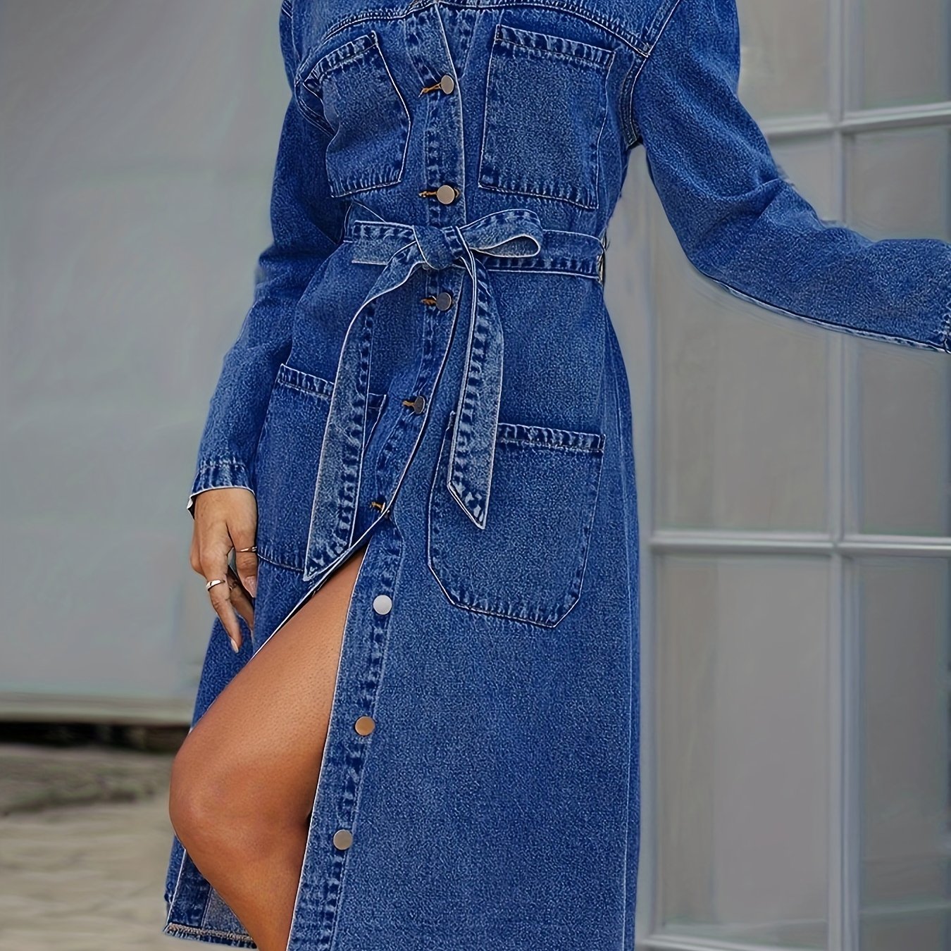 gbolsos Blue Long Sleeves Denim Dress, Patch Pockets Single Breasted Button With Waistband Lapel Denim Dress, Women's Denim Clothing