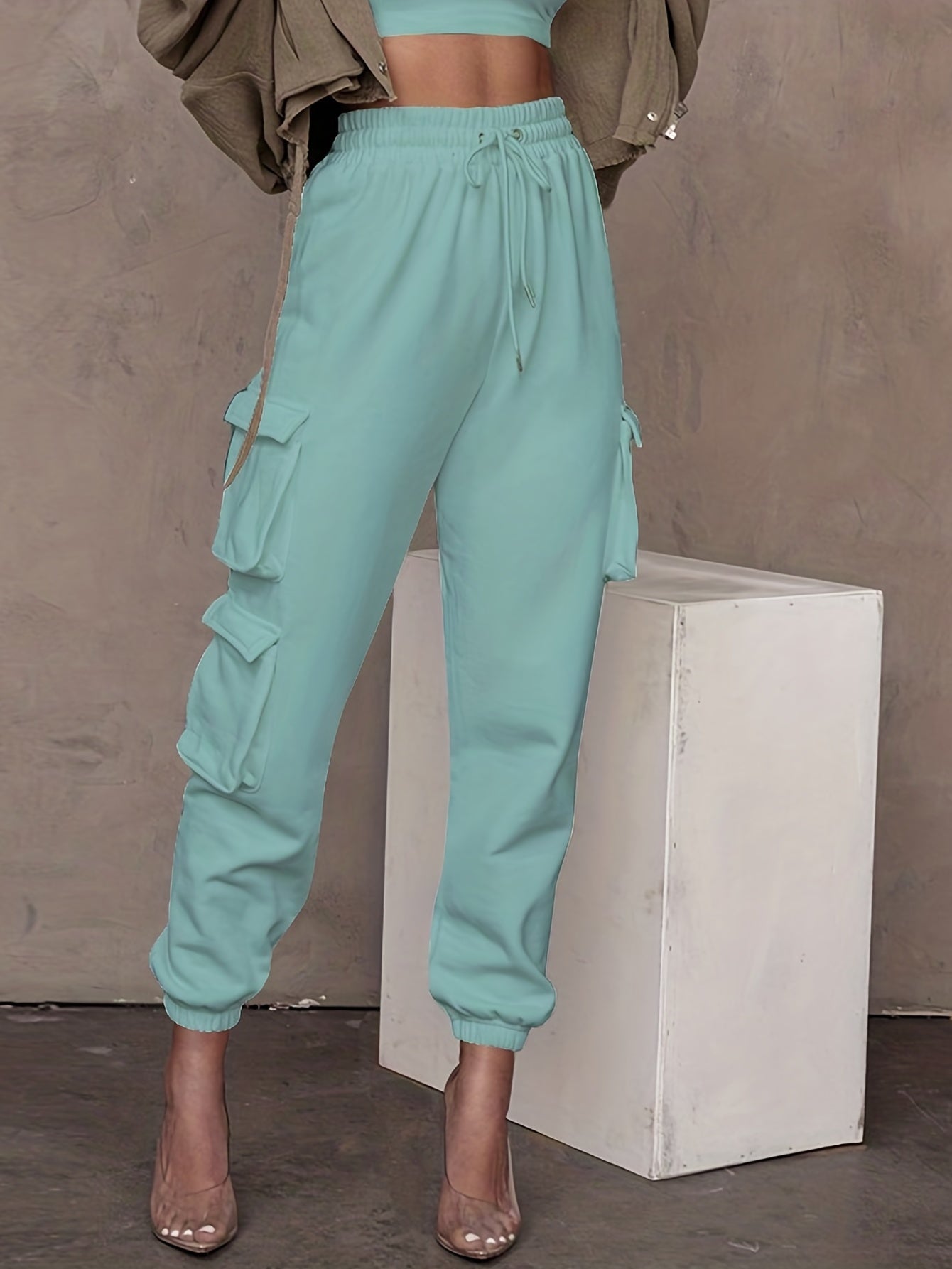 gbolsos Drawstring Baggy Cargo Pants, Casual High Waist Flap Pockets Pants, Women's Clothing
