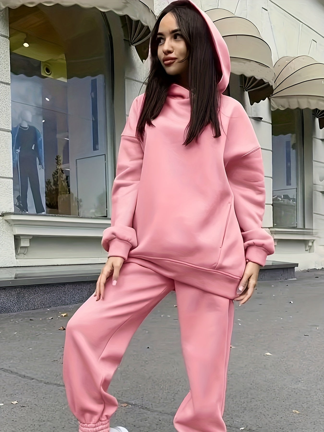 gbolsos Casual Sporty Two-piece Set, Pocket Hoodie Sweatshirt & Elastic High Waist Sweatpants Outfits, Women's Clothing