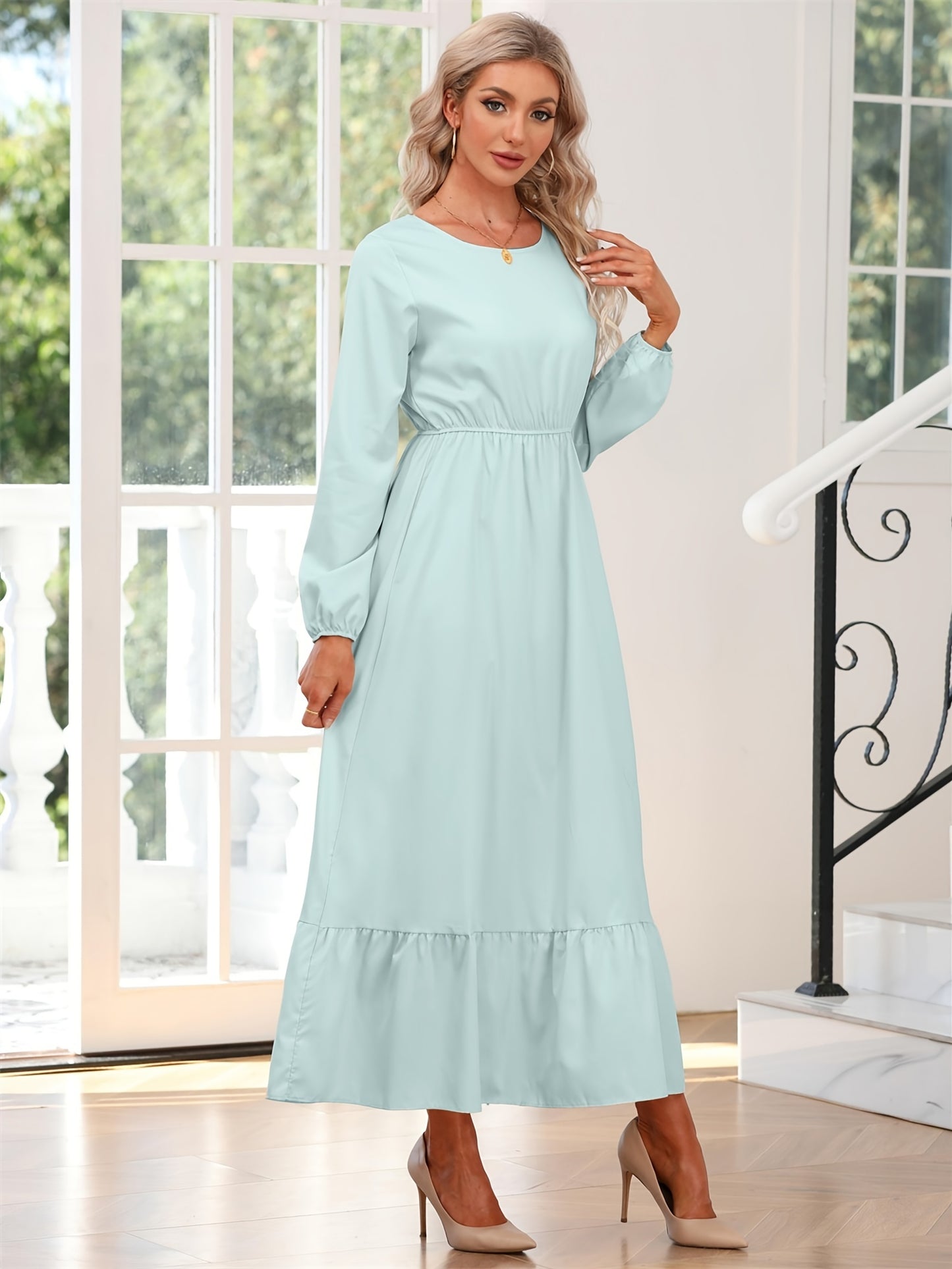 gbolsos Elegant Crew Neck Draped Extra-long Dress, Casual Long Sleeve Solid Elastic Waist Ruffle Hem Party Long Dresses, Women's Clothing