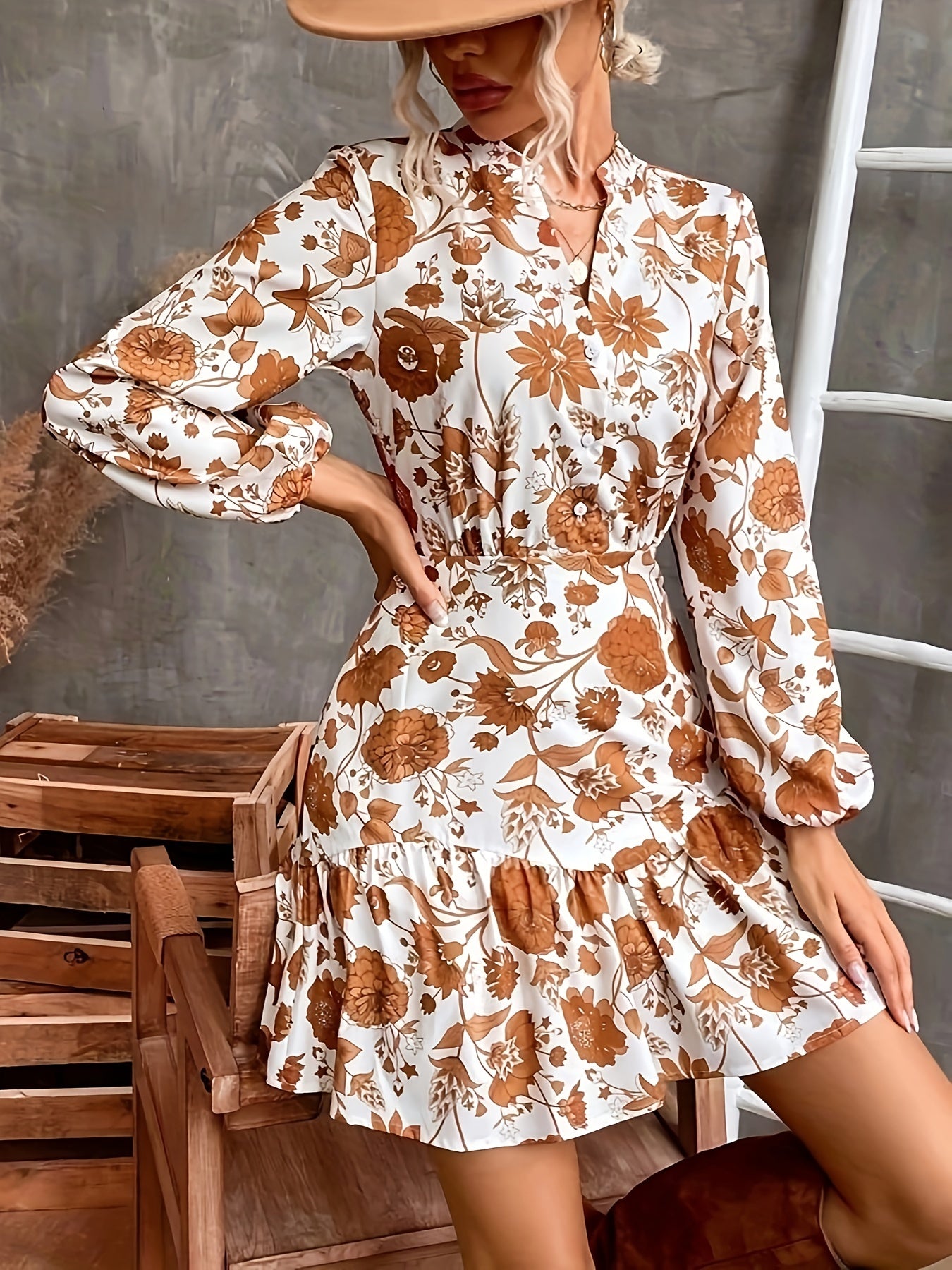 Floral Print Ruffle Hem Dress, Casual Button Front Lantern Sleeve Dress, Women's Clothing