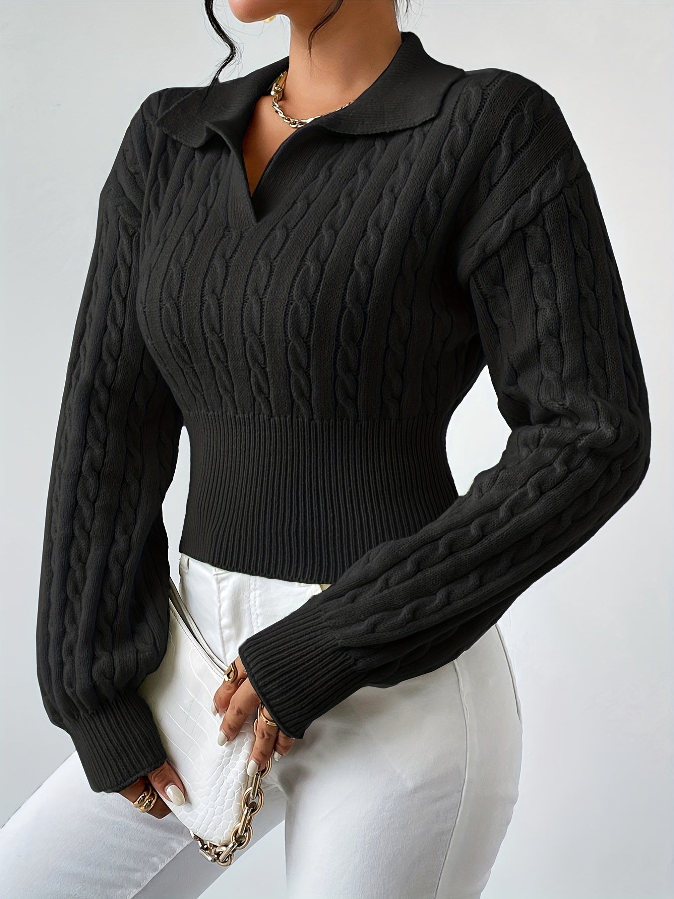 gbolsos Twist Textured V Neck Knitted Top, Casual Long Sleeve Sweater For Fall & Winter, Women's Clothing