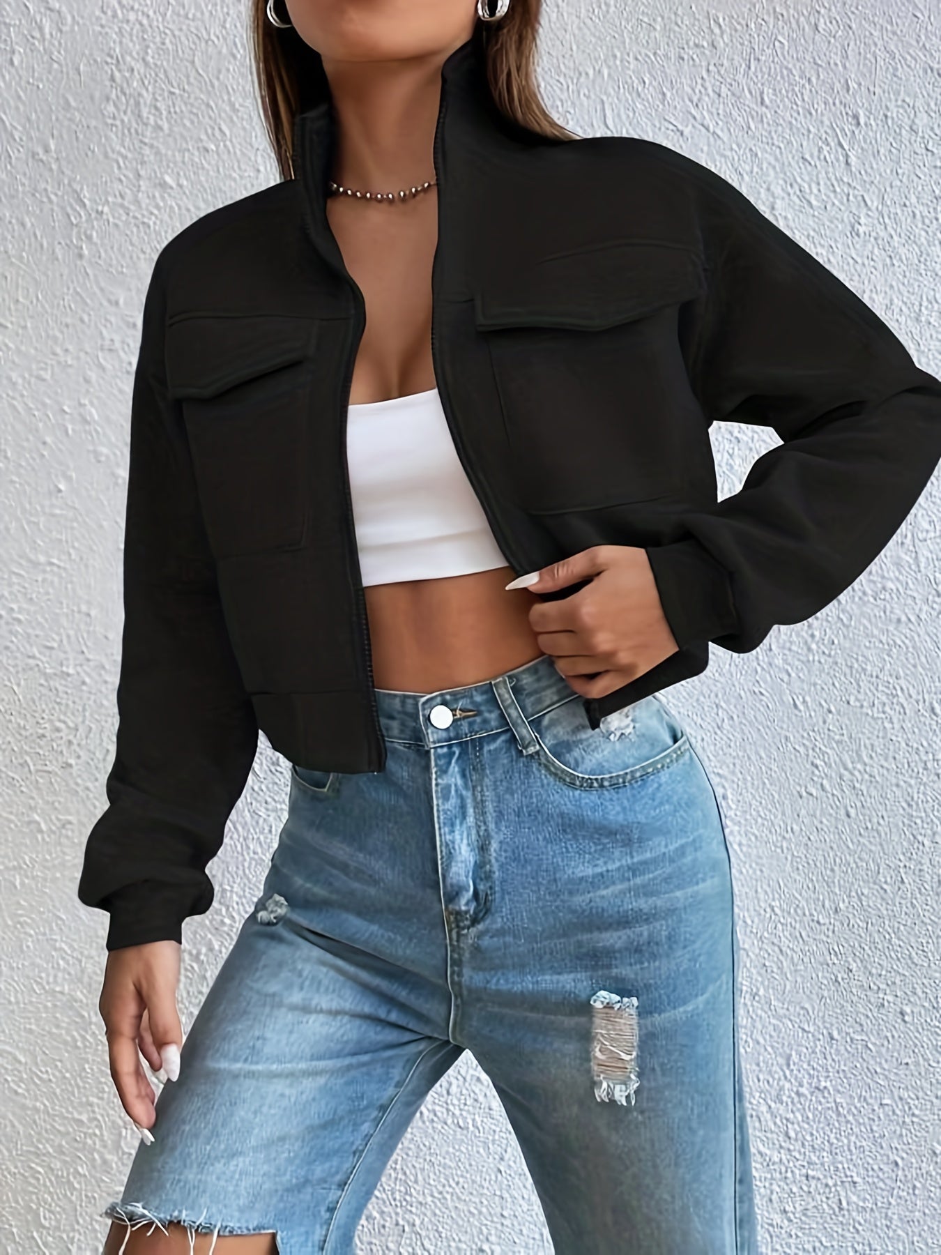 gbolsos Zip Front Flap Pockets Jacket, Casual Turtleneck Crop Jacket For Fall, Women's Clothing