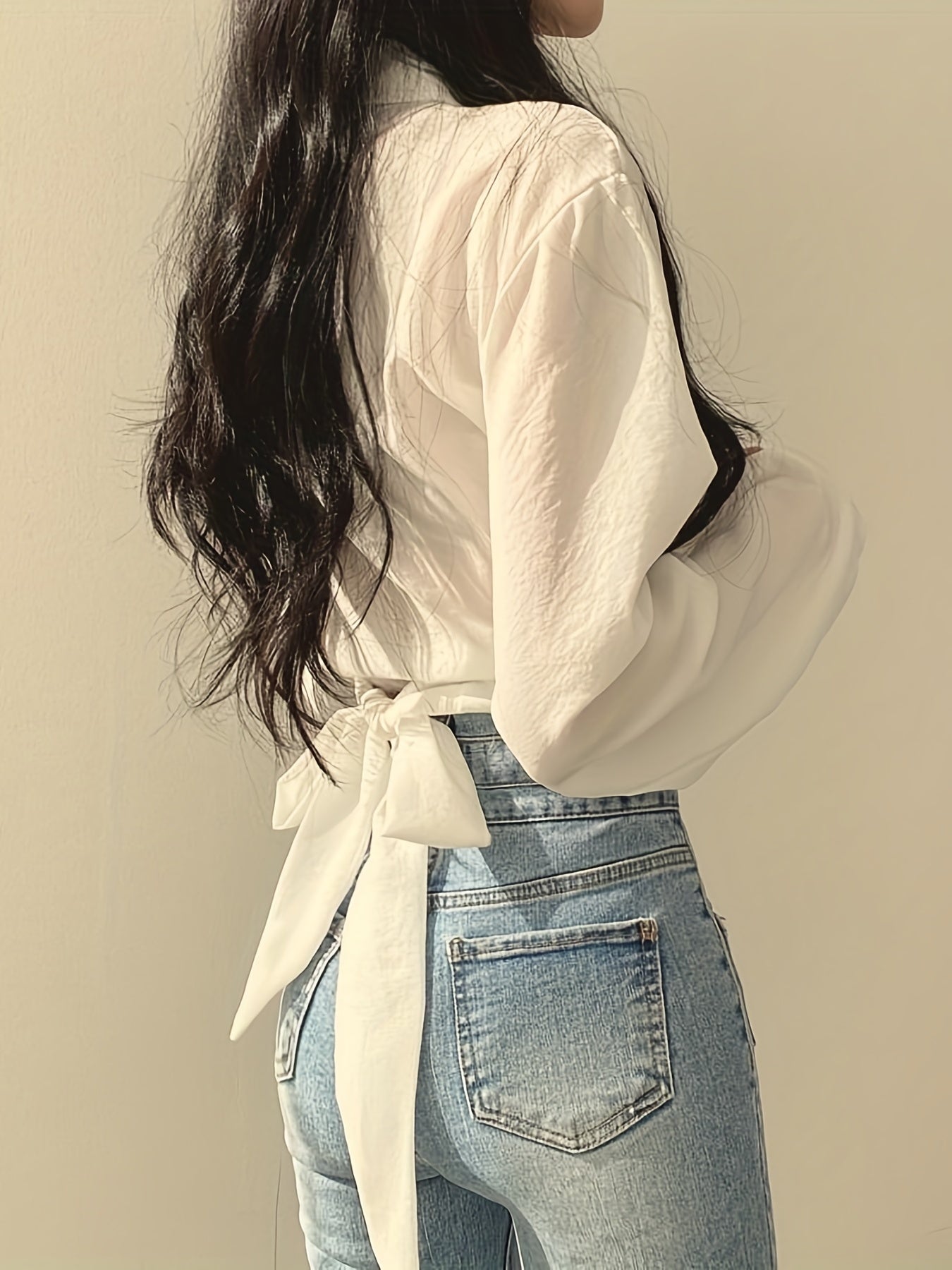 gbolsos Solid Collared Twist Bowknot Back Shirt, Elegant Puff Long Sleeve Shirt For Spring & Summer, Women's Clothing
