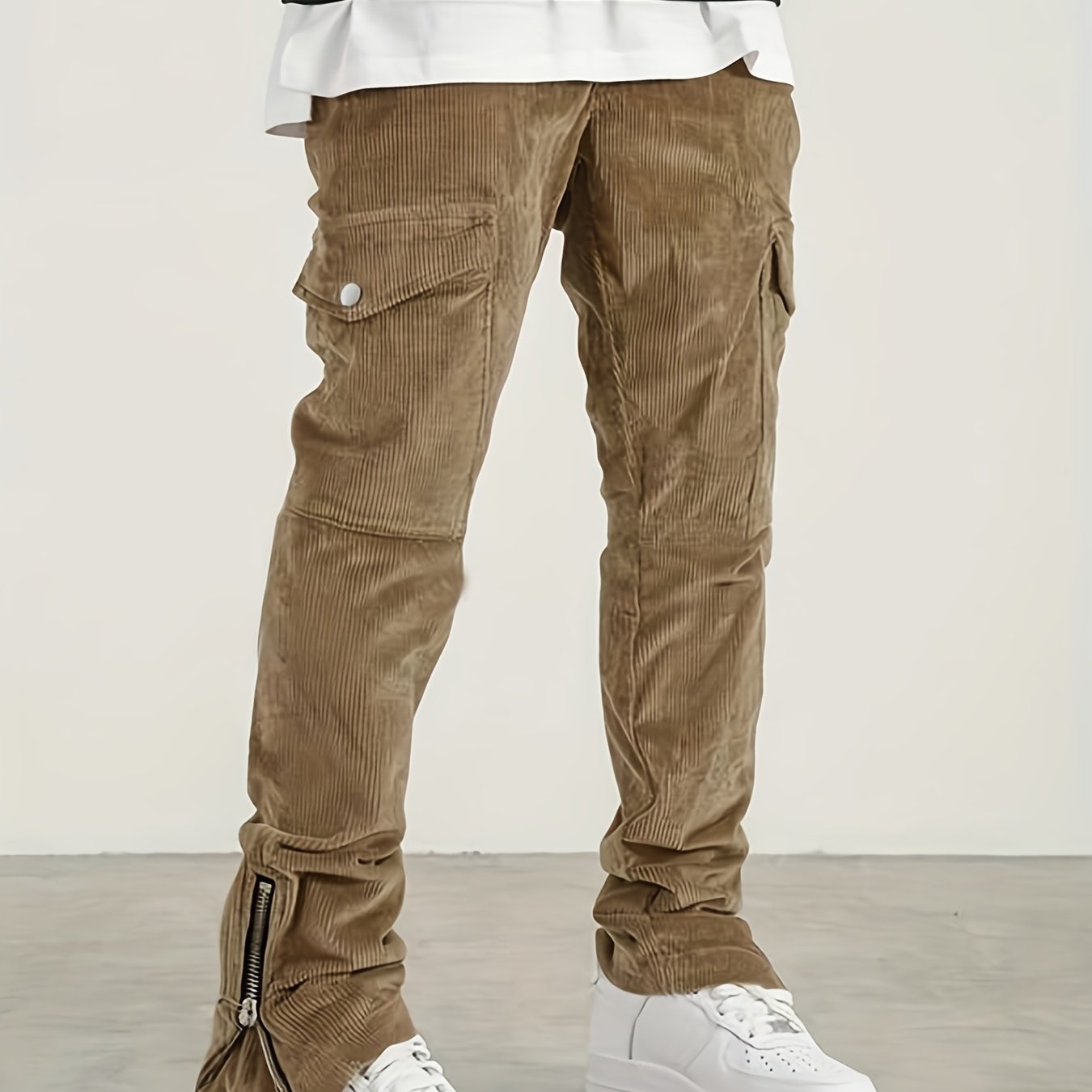 gbolsos Trendy Zipper Slit Bottom Cargo Pants, Men's Solid Multi Flap Pocket Trousers, Casual Outdoor Pants, Men's Work Pants Outdoors Streetwear Hiphop Style
