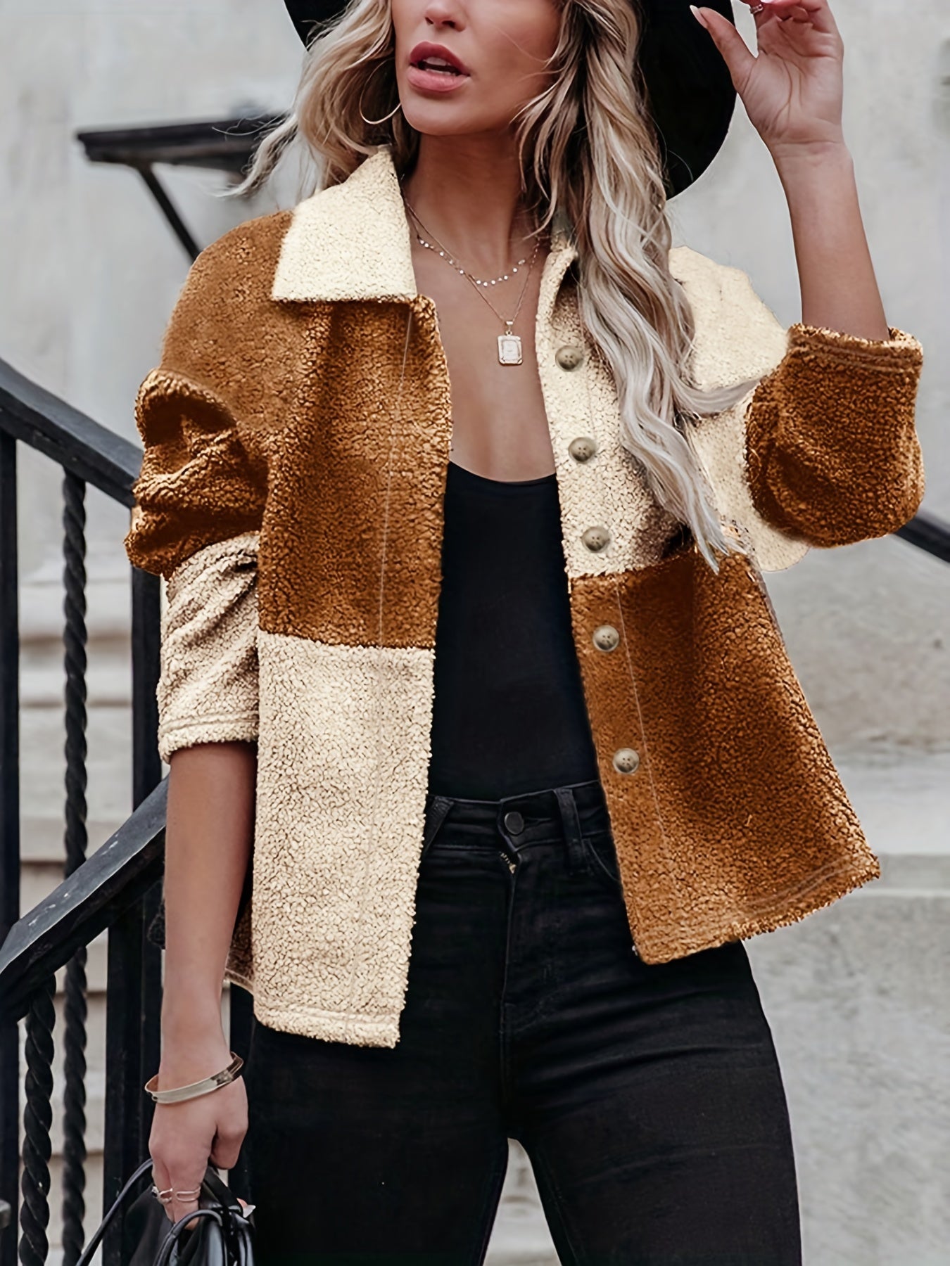 gbolsos Color Block Teddy Jacket, Casual Button Front Long Sleeve Outerwear, Women's Clothing