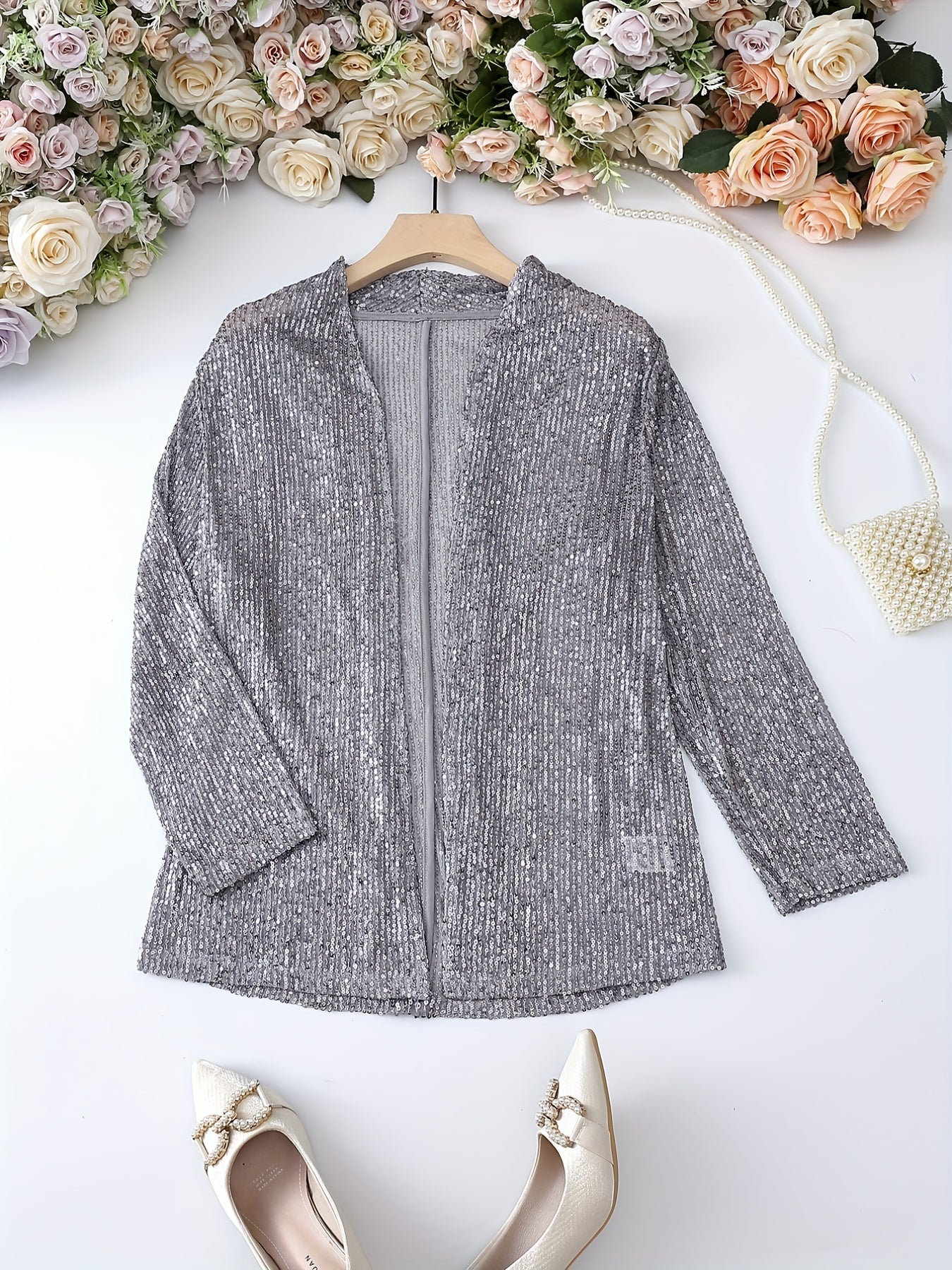 gbolsos Glitter Sequin Decor Open Front Blazer, Casual Lapel Long Sleeve Blazer, Women's Clothing