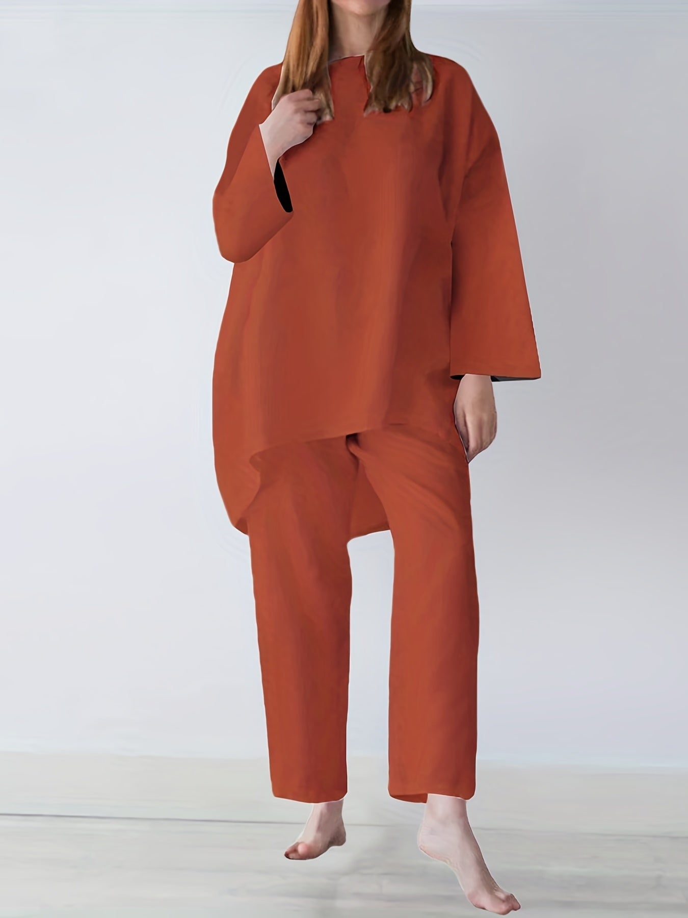 gbolsos Solid Casual Two-piece Set, Long Sleeve Crew Neck Loose Tops & Wide Leg Pants Outfits, Women's Clothing