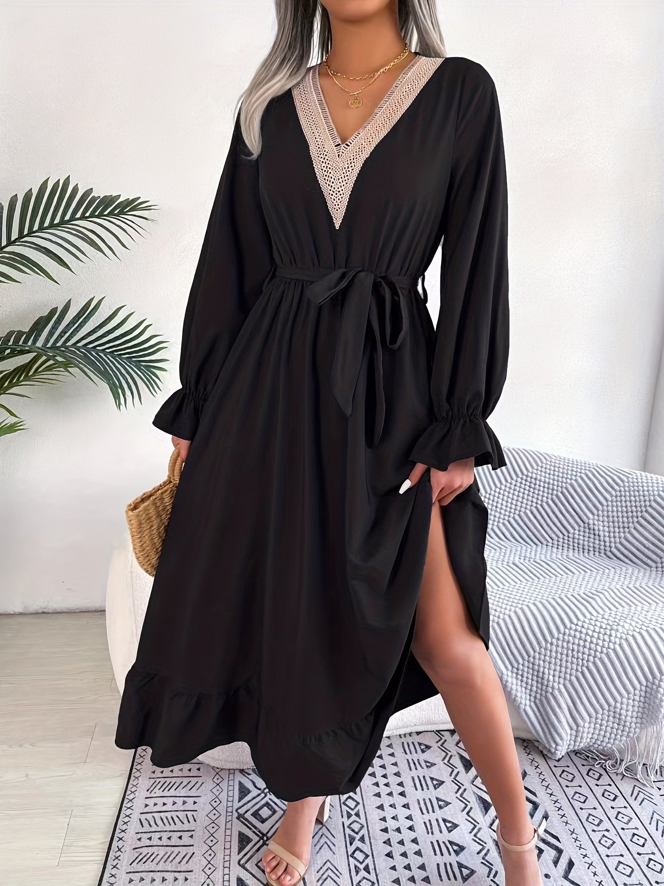 gbolsos Guipure Lace Ruched Dress, Casual V Neck Long Sleeve Ruffle Hem Dress, Women's Clothing