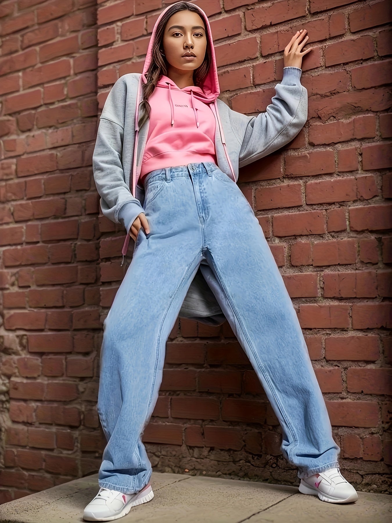gbolsos Blue Loose Fit Straight Jeans, Non-Stretch Slant Pockets Washed Denim Pants, Women's Denim Jeans & Clothing