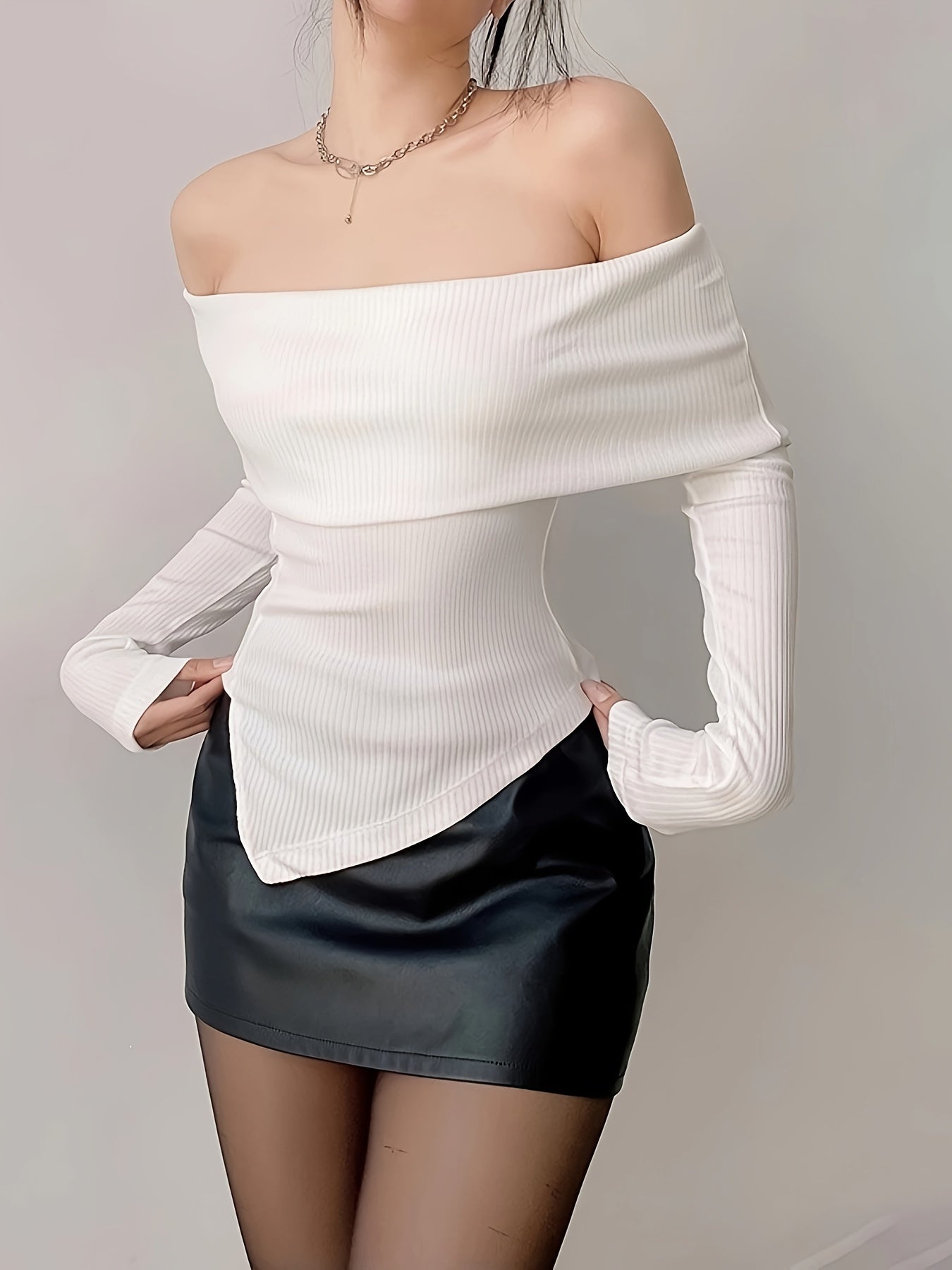 gbolsos Solid Ribbed Off Shoulder T-Shirt, Casual Long Sleeve Top For Spring & Fall, Women's Clothing