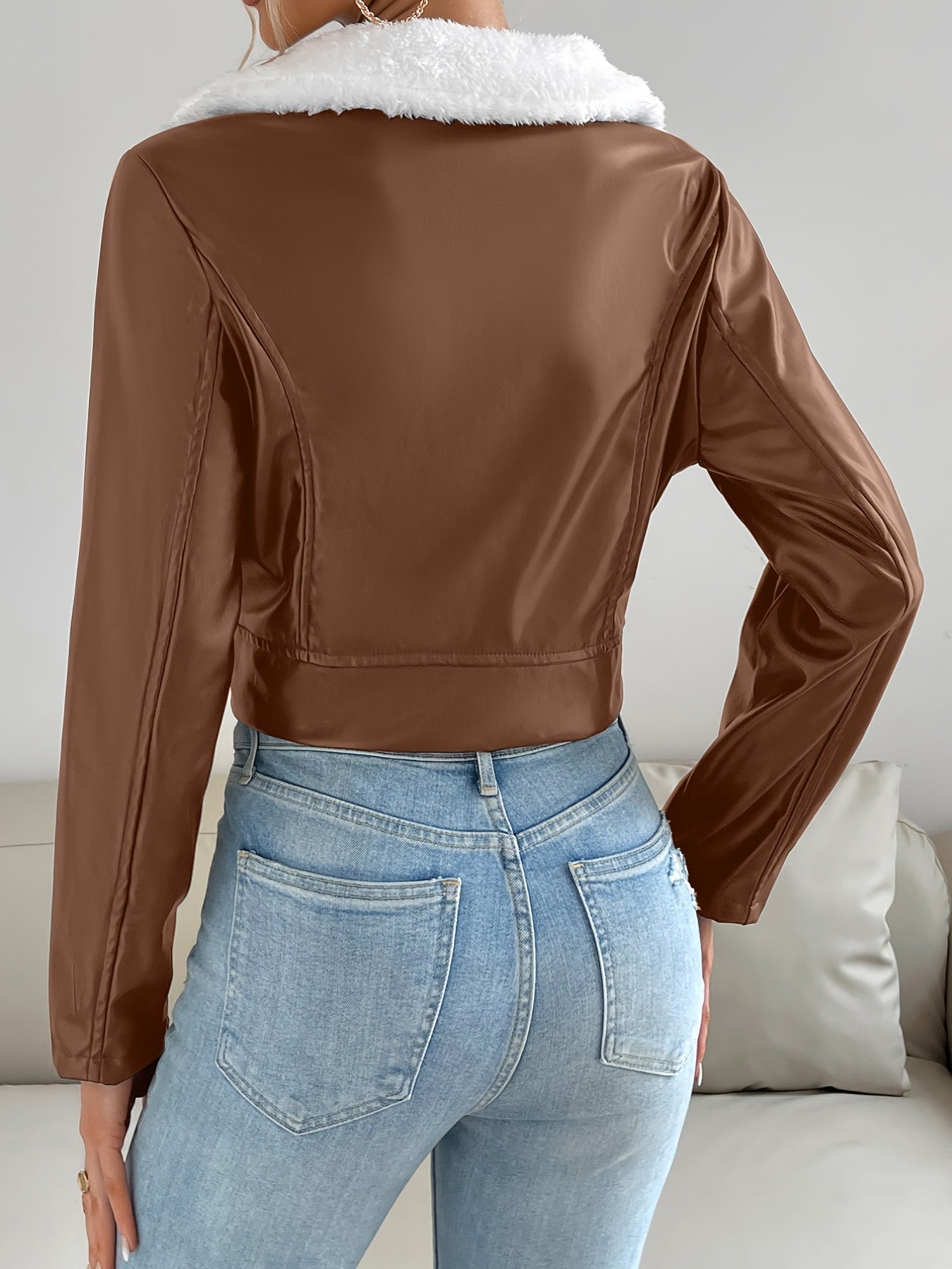 gbolsos Zip Up PU Leather Jacket, Casual Long Sleeve Solid Outerwear, Women's Clothing