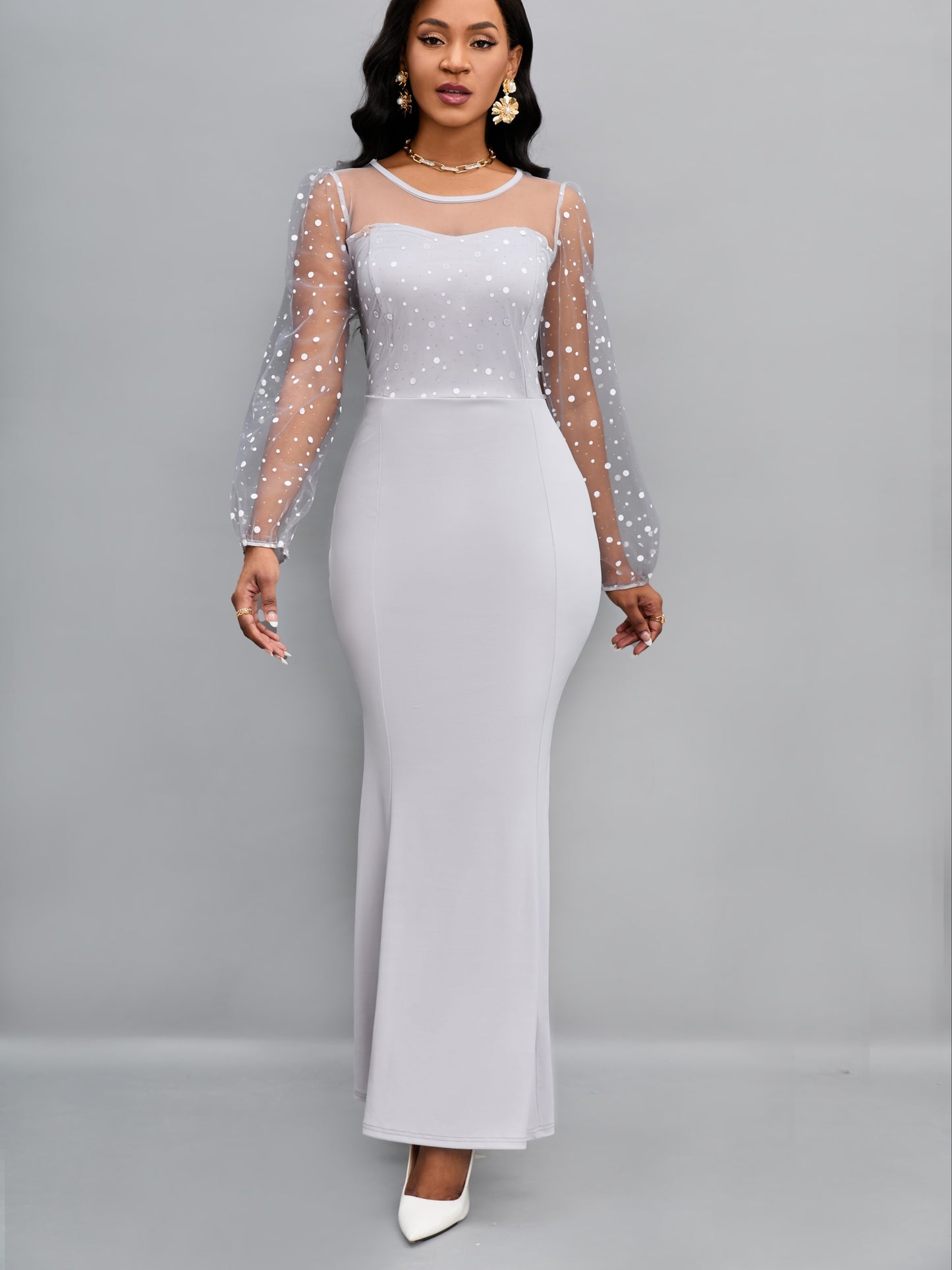 gbolsos Round Neck Mesh Stitching Dress, Elegant Slim Long Sleeve Waist Long Dresses, Women's Clothing