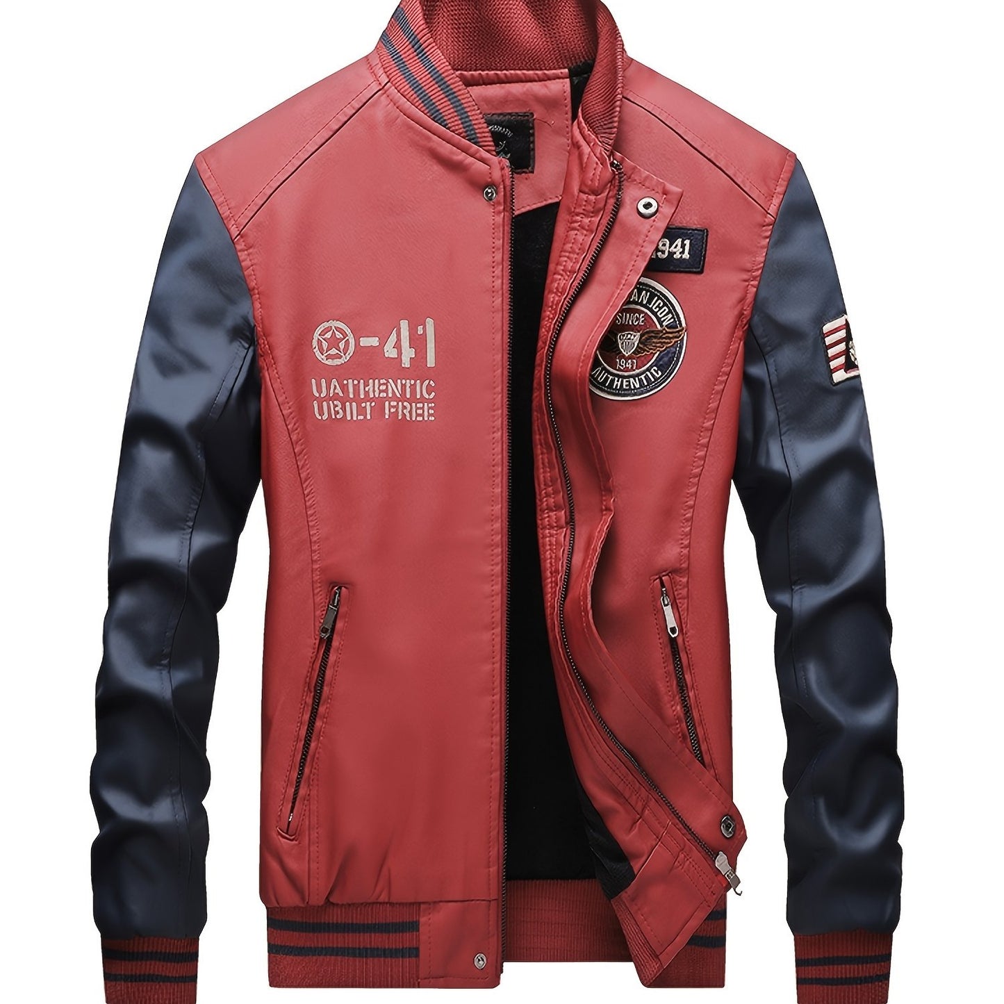 gbolsos Men's Casual Pockets "R" Print Zipper Long Sleeves Baseball Collar PULeather Jacket