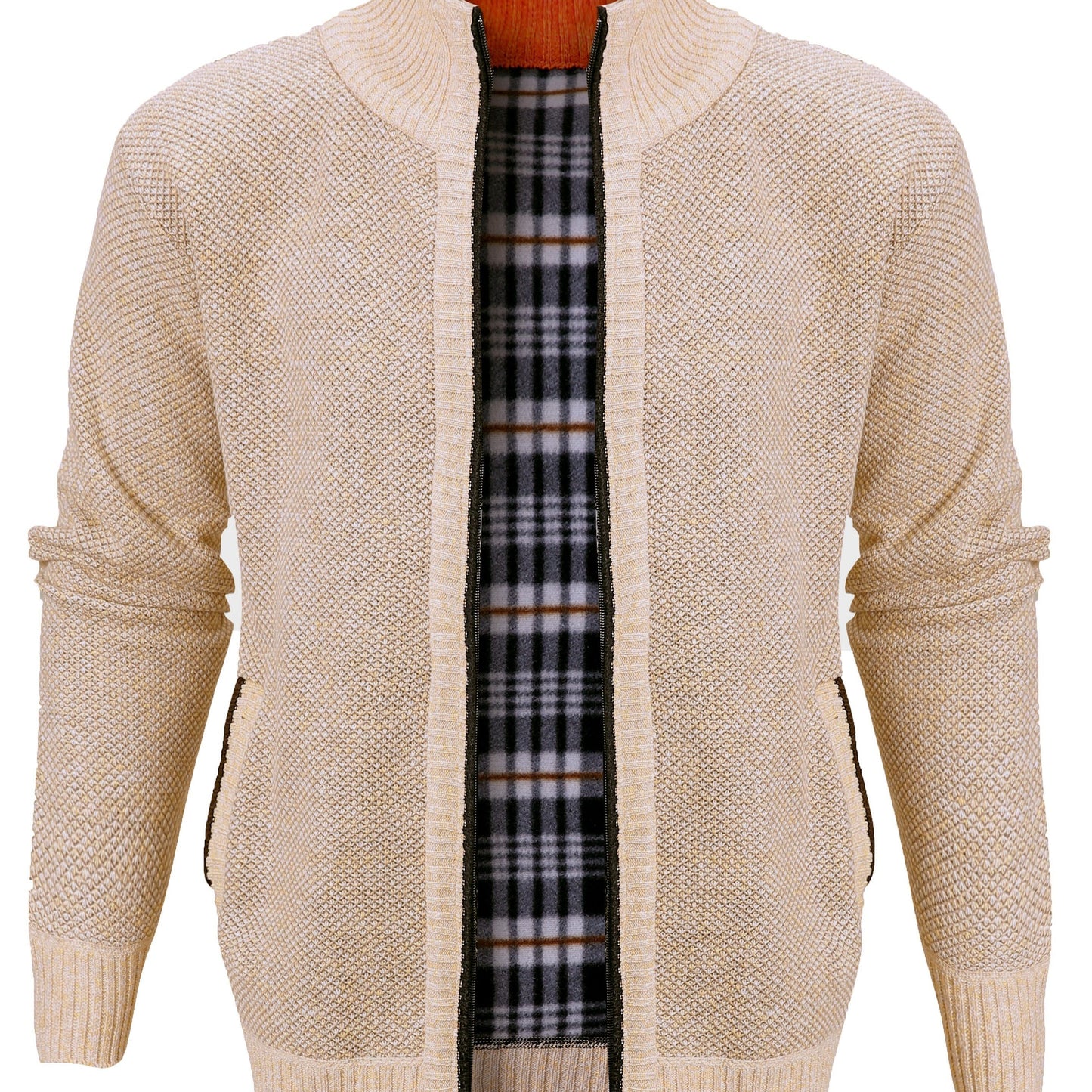 gbolsos Warm Zip Up Jacket Sweater, Men's Casual Lapel Mid Stretch Slant Pocket Solid Color Cardigan For Fall Winter
