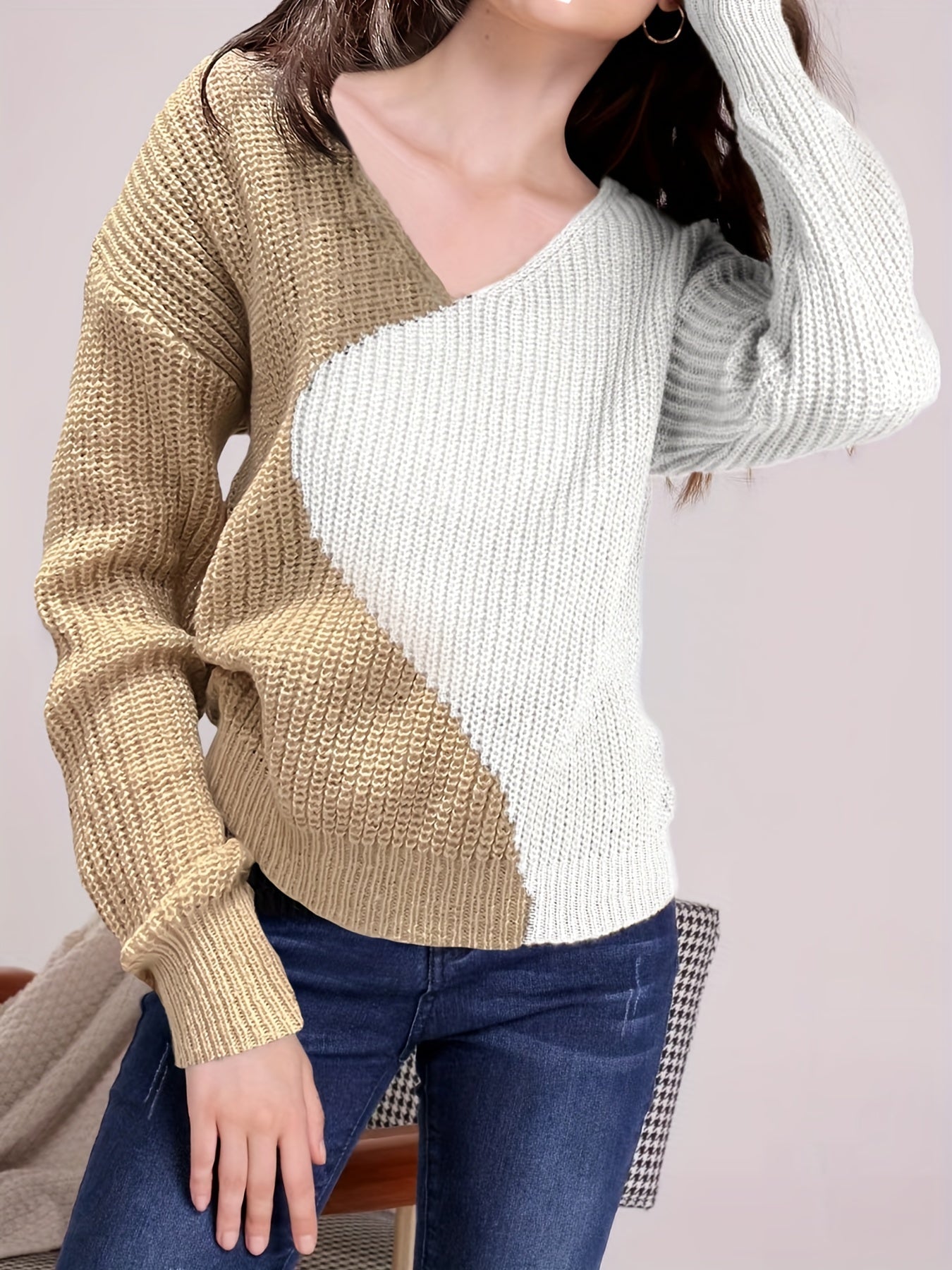 gbolsos Color Block Drop Shoulder Sweater, Casual V-neck Long Sleeve Sweater, Women's Clothing
