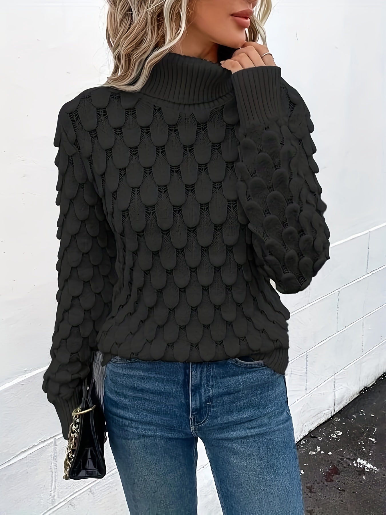 gbolsos Fish Scale Turtleneck Sweater, Casual Solid Long Sleeve Knit Sweater, Women's Clothing