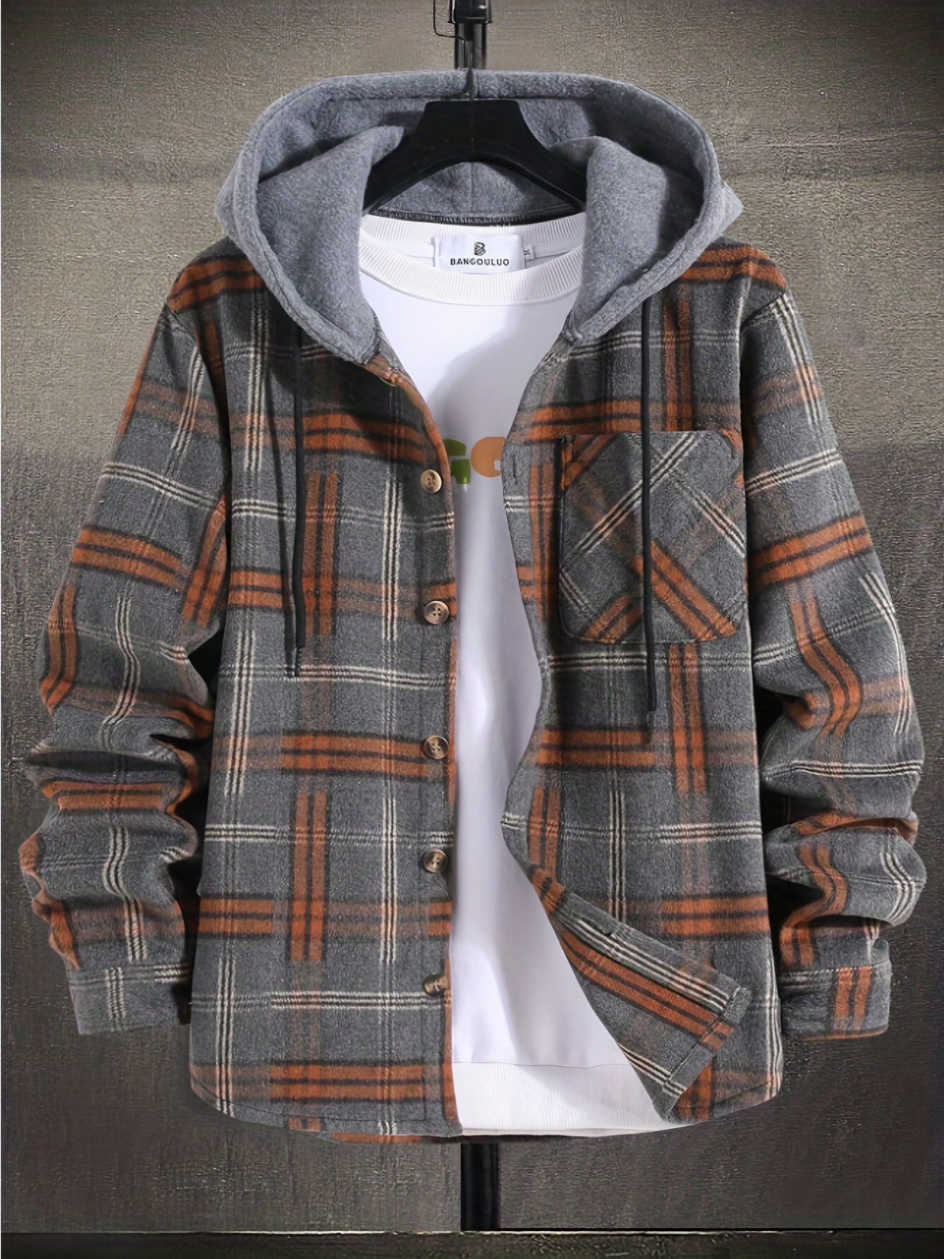 gbolsos Men's Plaid Long Sleeve Hooded Jacket, Warm Trendy Casual Jacket For Autumn