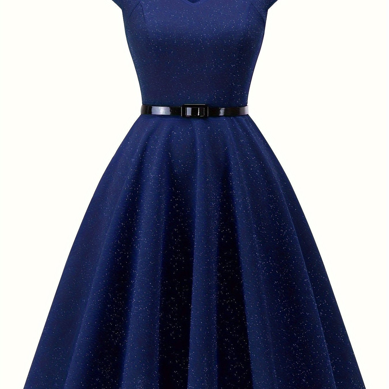 gbolsos Solid Color Cap Sleeve Dress, Vintage V Neck A-line Flare Dress, Women's Clothing