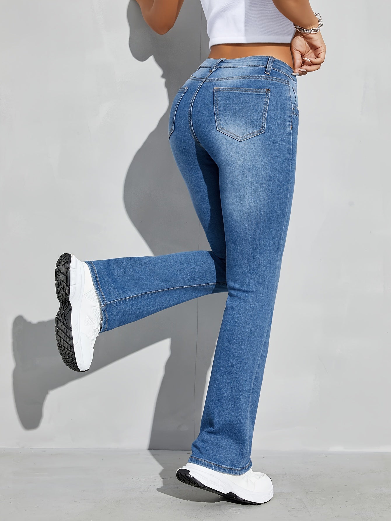 gbolsos High Stretch Casual Bootcut Jeans, Slant Pockets Washed Denim Pants, Women's Denim Jeans & Clothing
