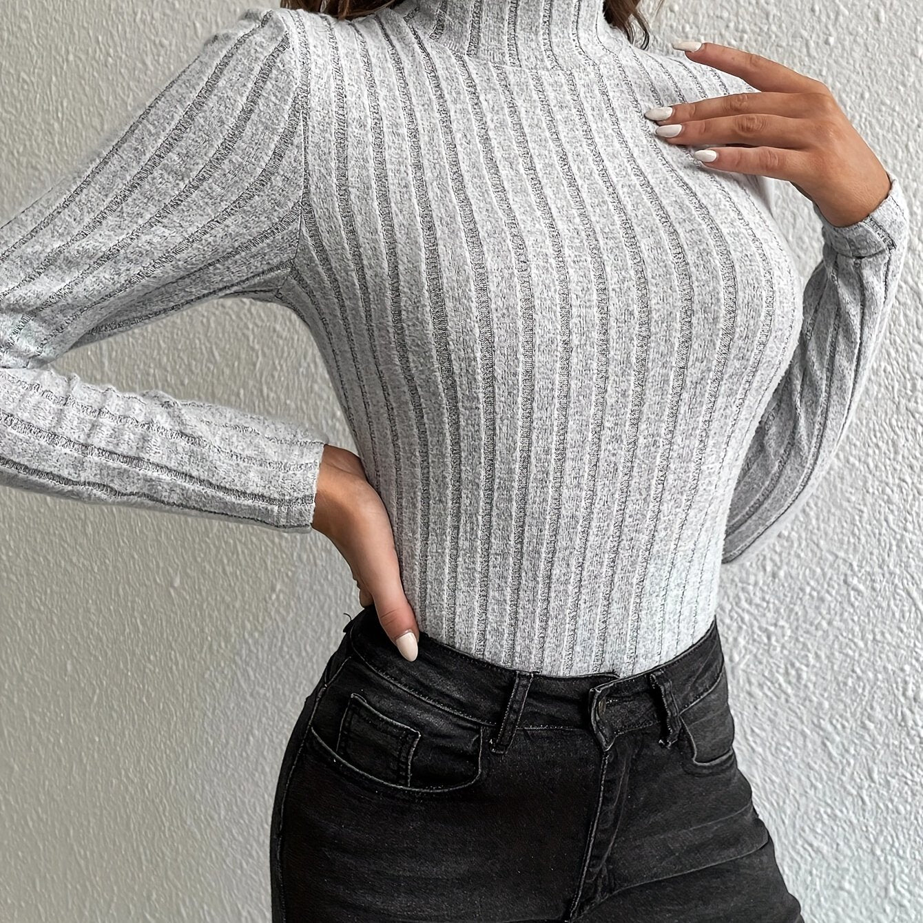 gbolsos Solid Turtleneck Knit Top, Elegant Slim Long Sleeve Sweater For Spring & Fall, Women's Clothing