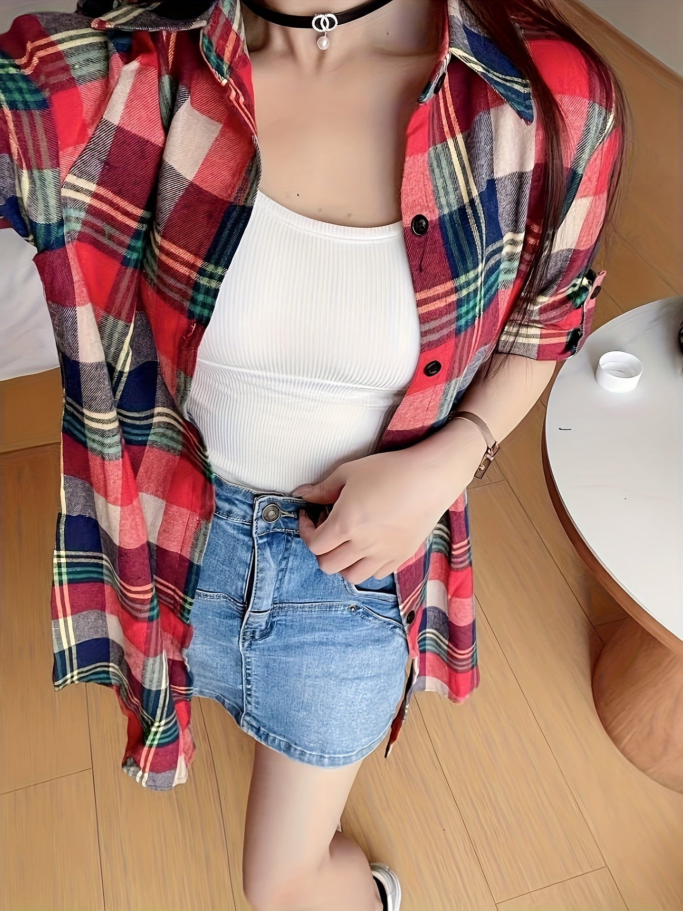 gbolsos Plaid Print Button Front Shirt, Thigh Length Long Sleeve Shirt For Spring & Fall, Women's Clothing