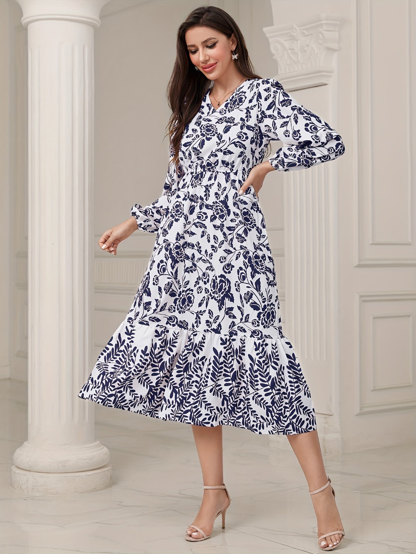 gbolsos Floral & Leaves Print V-neck Dress, Elegant Elastic Waist Long Sleeve Dress For Spring & Fall, Women's Clothing