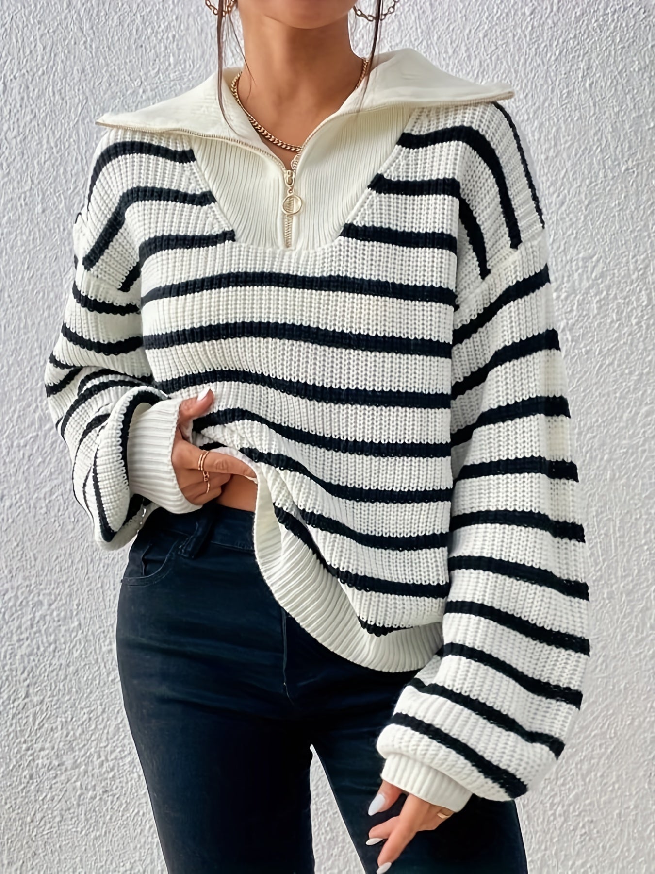 gbolsos Striped Half Zip Pullover Sweater, Casual Long Sleeve Drop Shoulder Sweater, Women's Clothing
