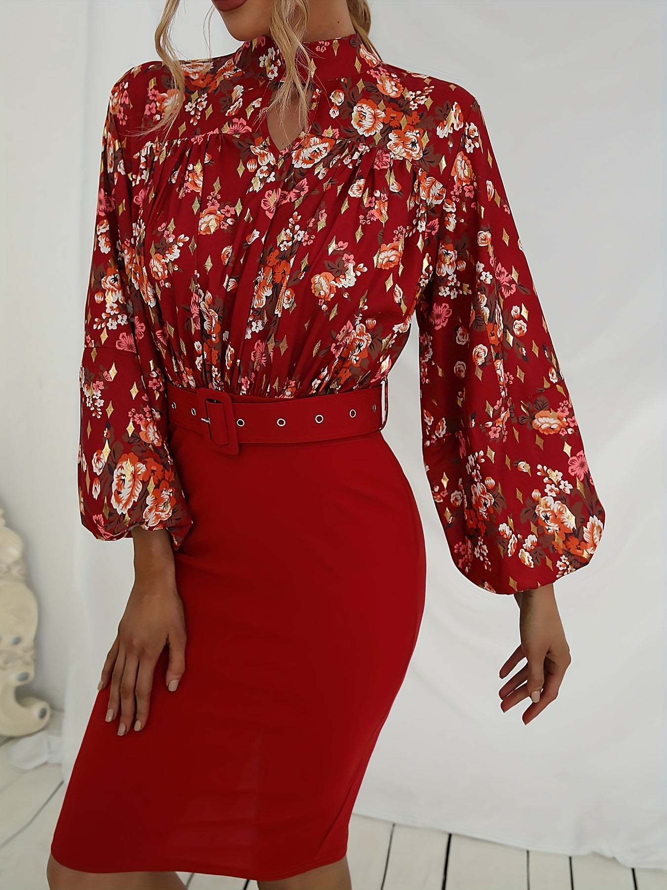 gbolsos Floral Print Belt Dress, Elegant Keyhole Neckline Puff Long Sleeve Bodycon Dress For Spring & Fall, Women's Clothing